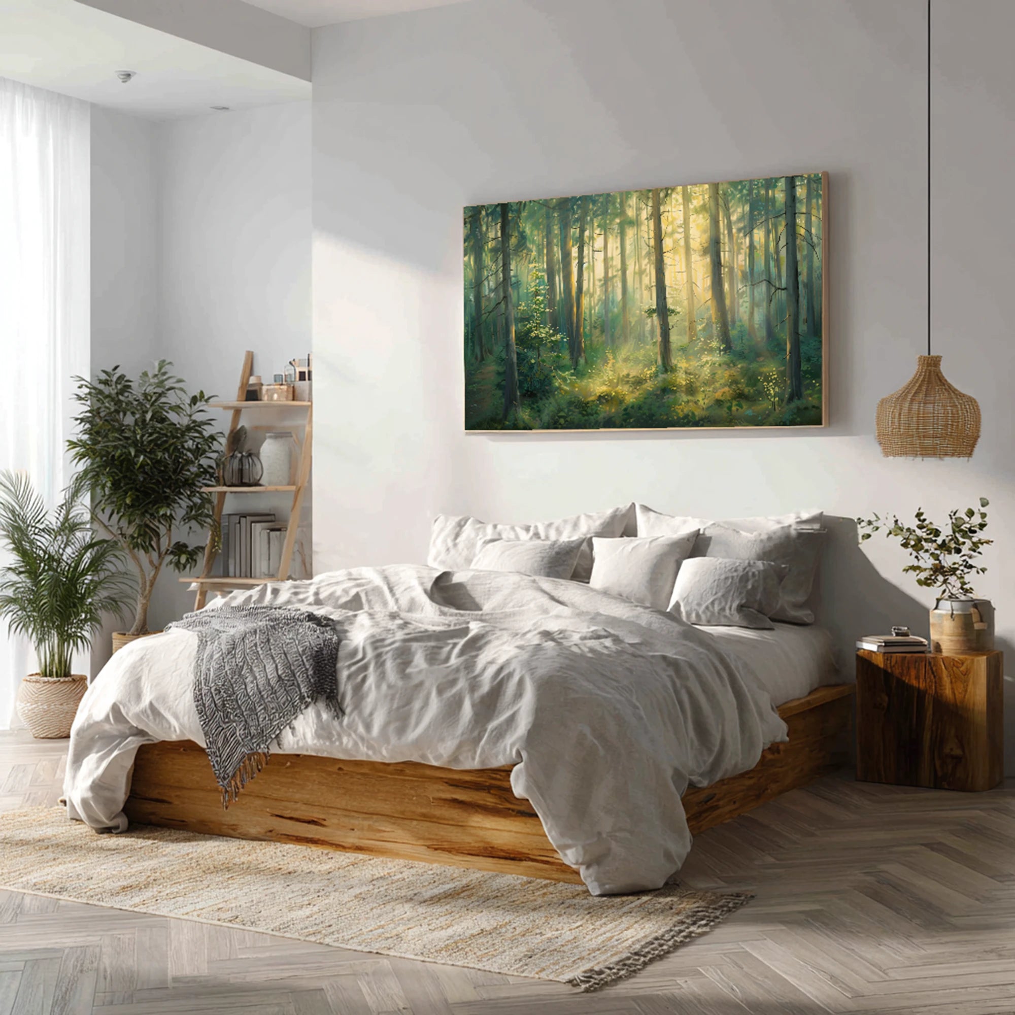 Sunlit Forest Landscape Oil Painting, Green Nature Wall Art #FT593