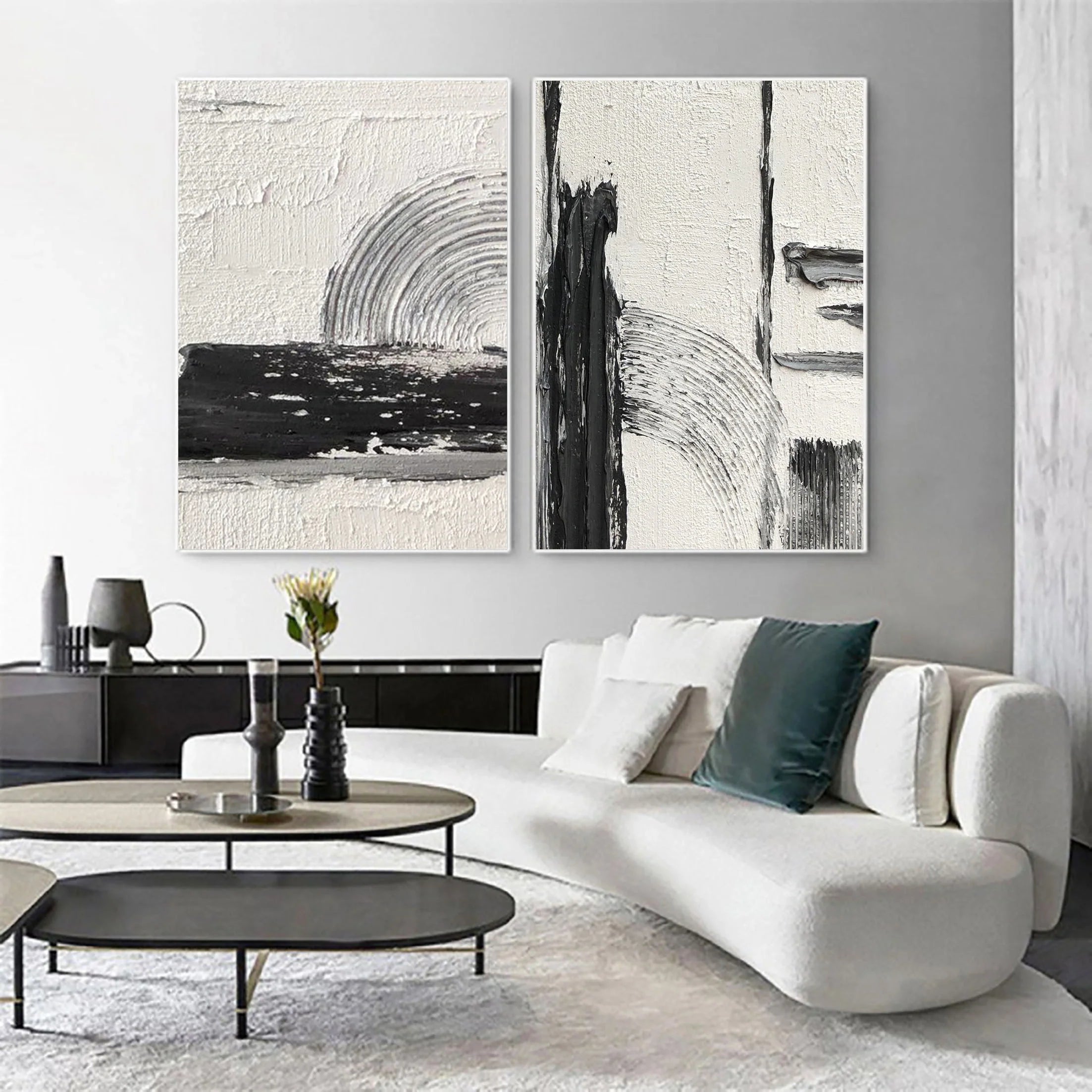 Set of 2 Plaster Black and Beige Minimalistic Painting for Room Decor