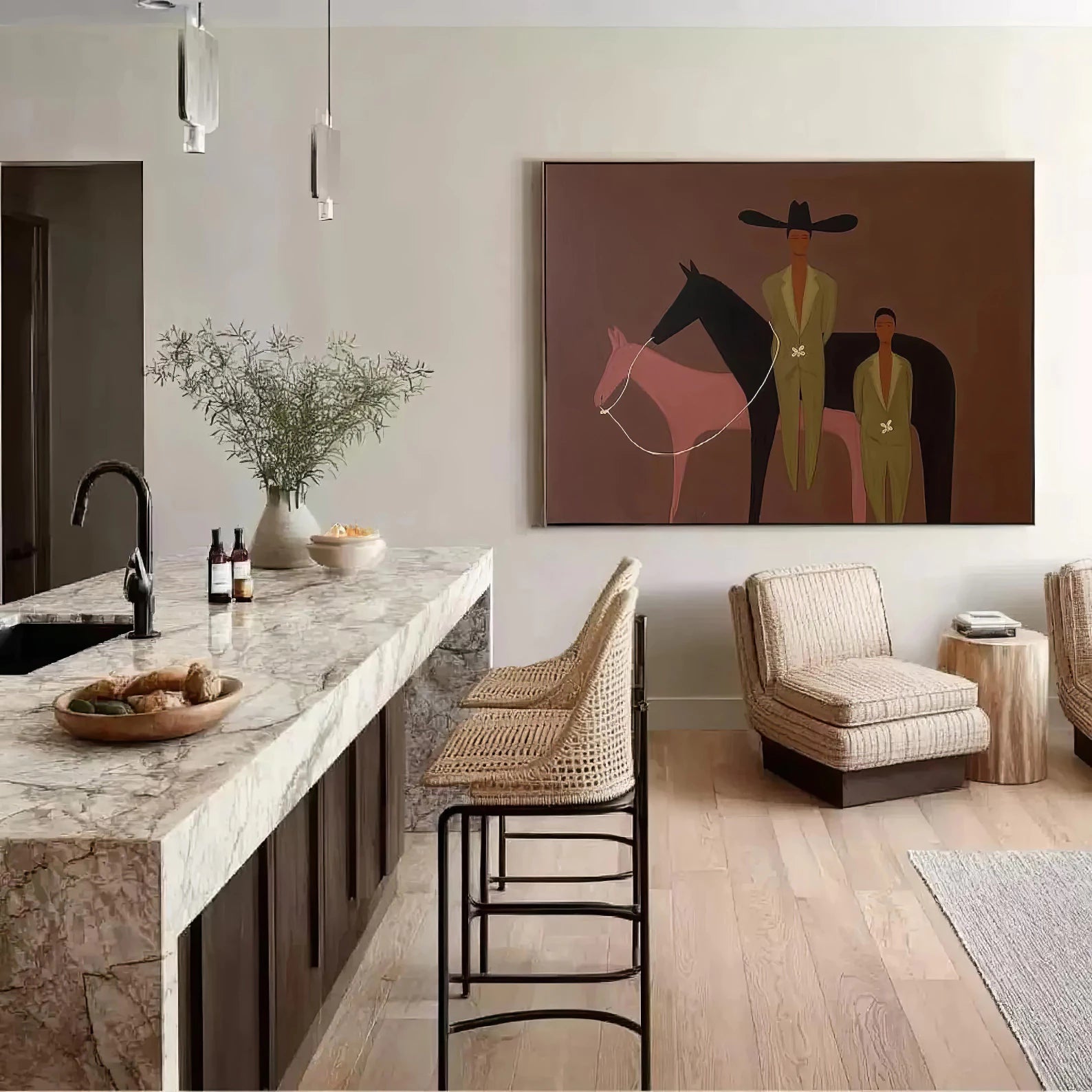 Modern Cowboy & Two Horses Art #CB8