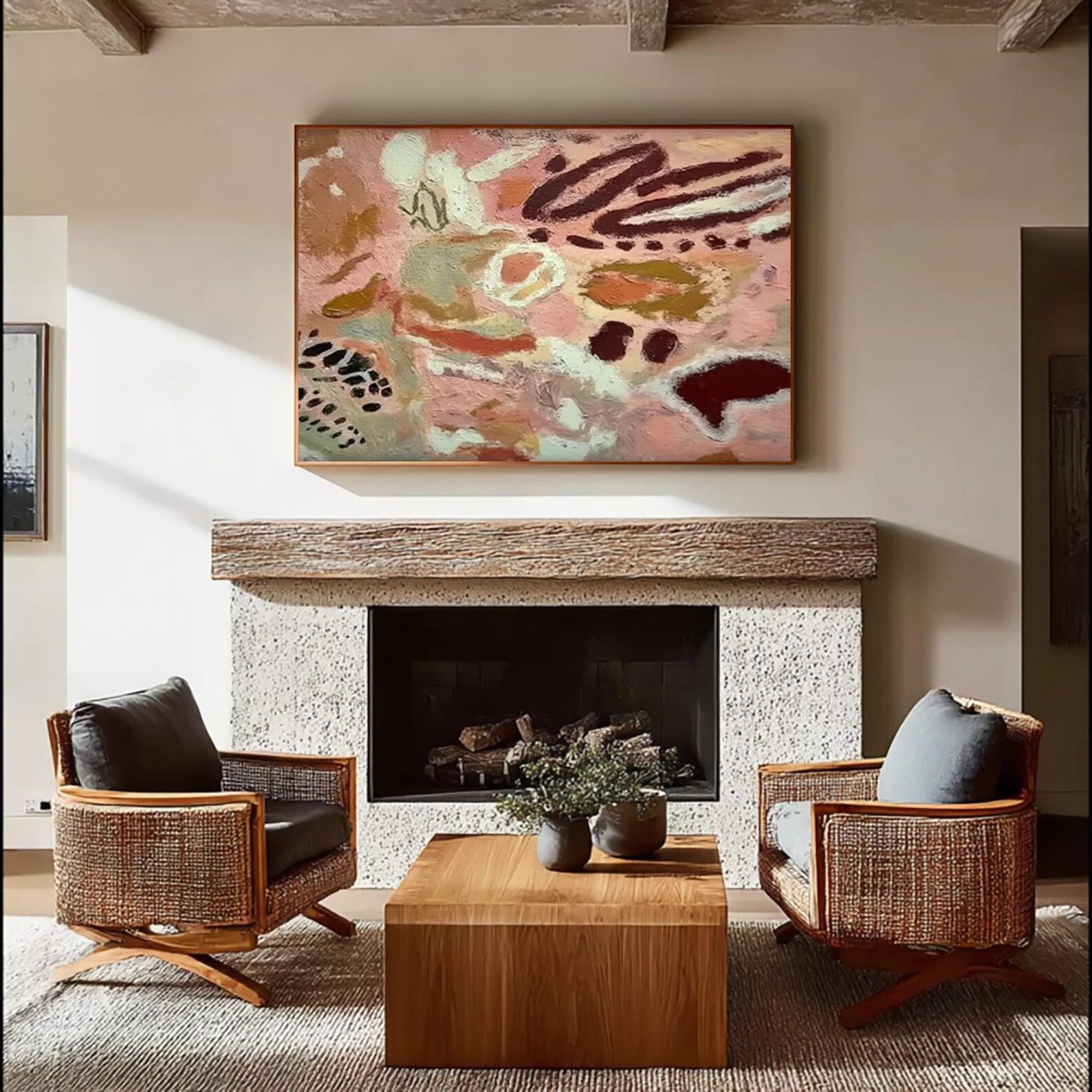 Hand-Painted Abstract Warm Tone Oil Painting | Earthy Pink & Burgundy Wall Art #BH173