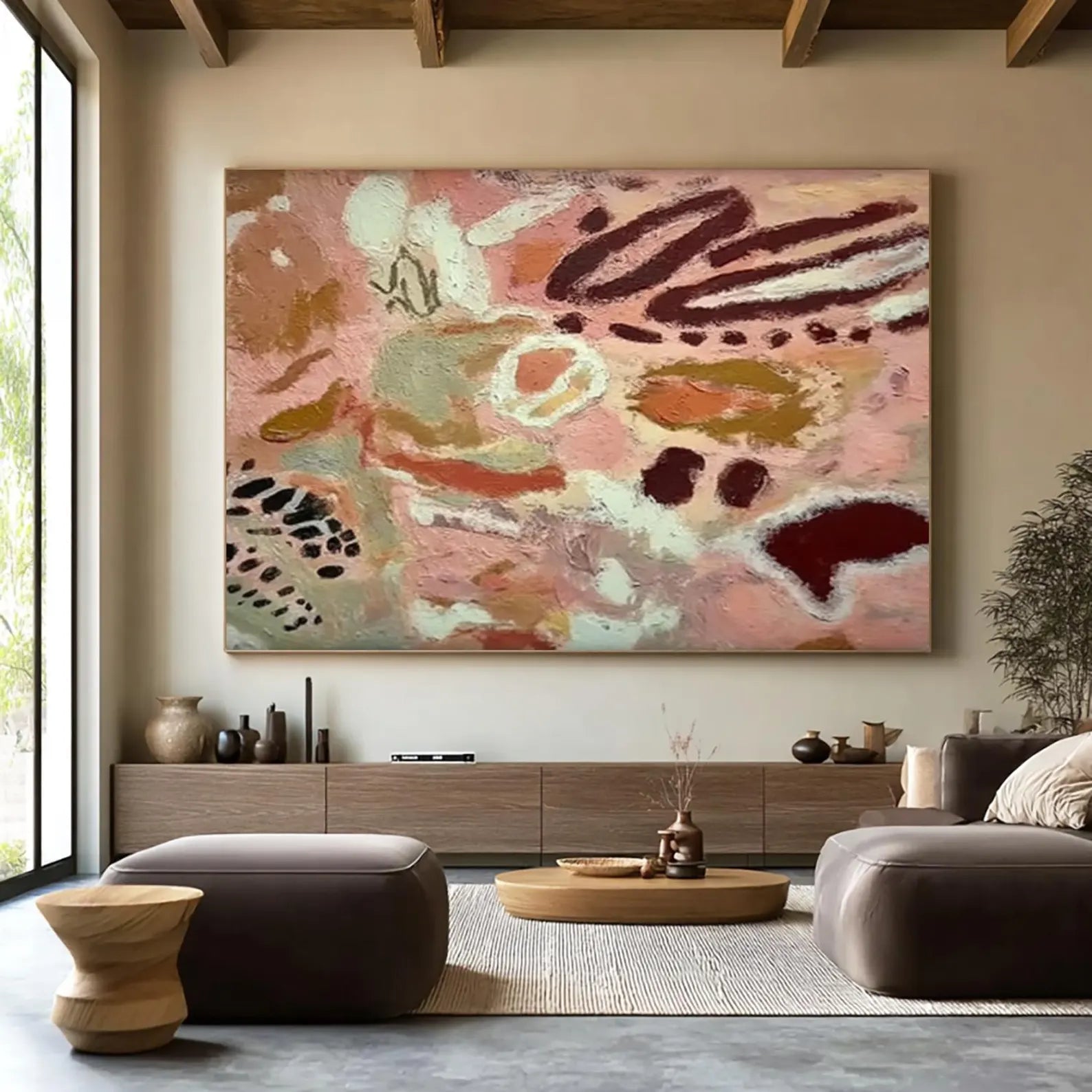 Hand-Painted Abstract Warm Tone Oil Painting | Earthy Pink & Burgundy Wall Art #BH173