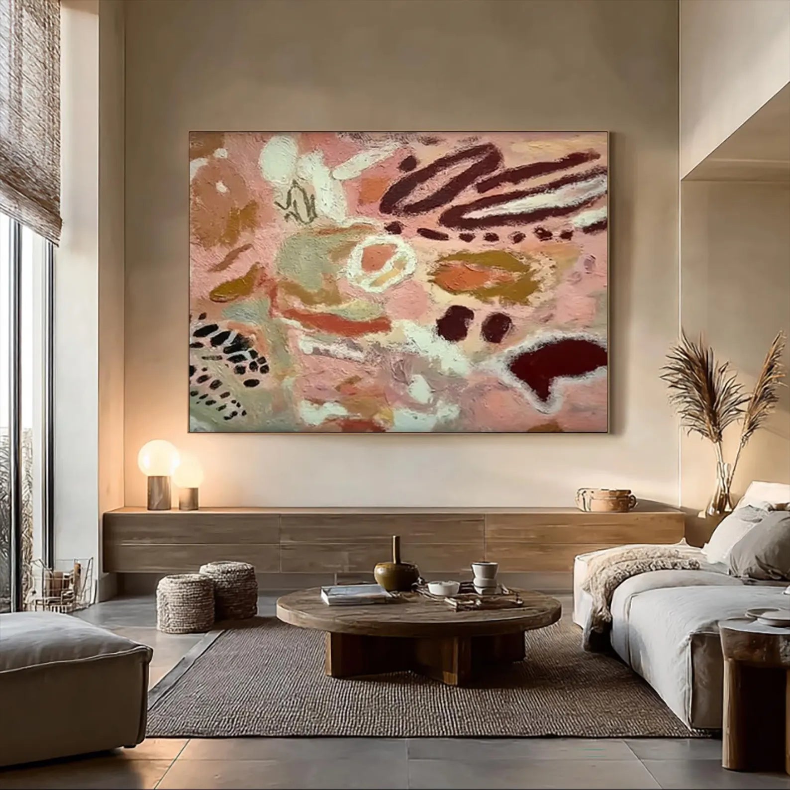 Hand-Painted Abstract Warm Tone Oil Painting | Earthy Pink & Burgundy Wall Art #BH173
