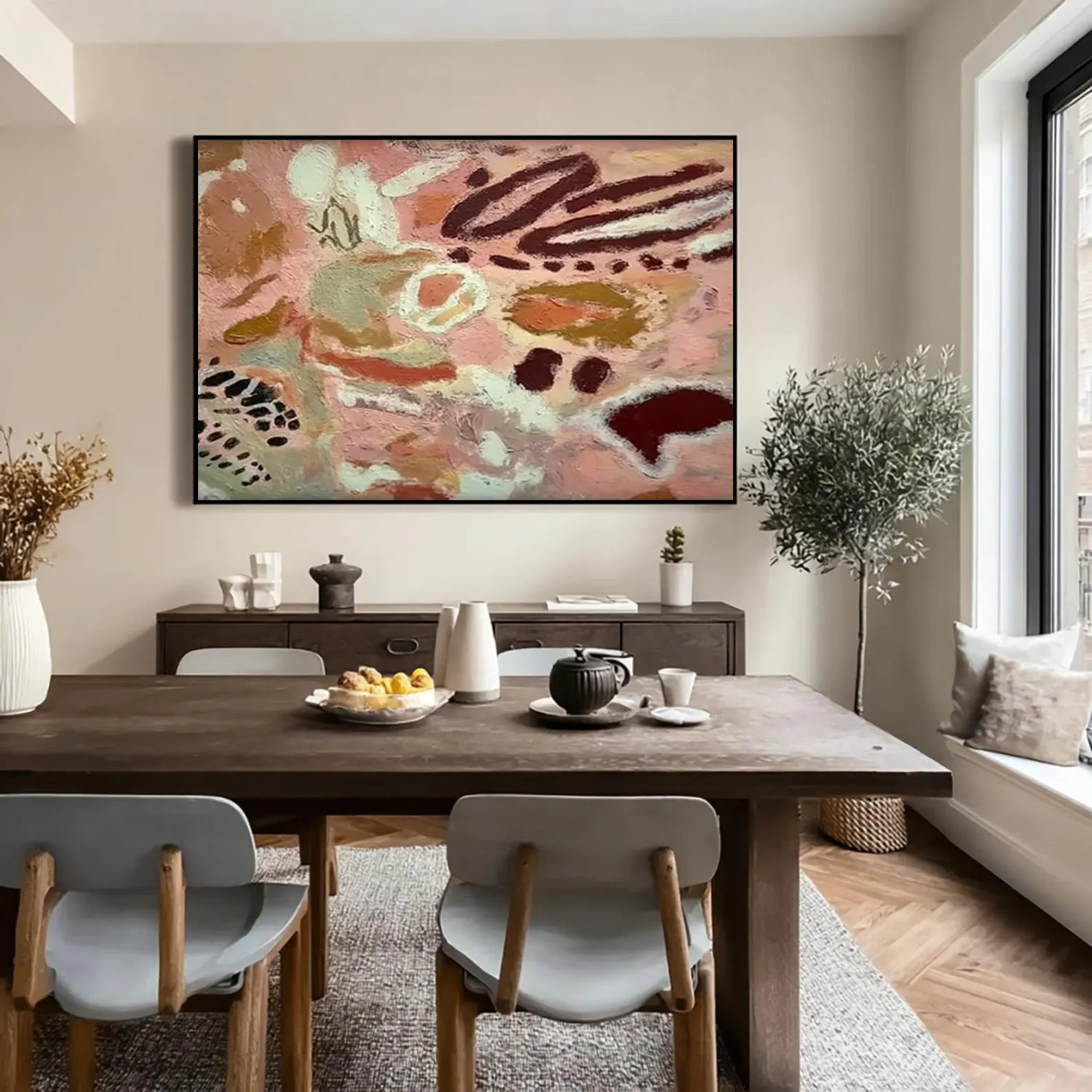 Hand-Painted Abstract Warm Tone Oil Painting | Earthy Pink & Burgundy Wall Art #BH173