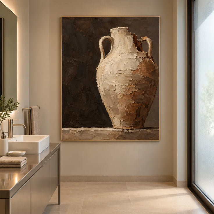 Brown Cream Hand-Painted Vessel Painting, Two Loop Handles #YI5DCJV9