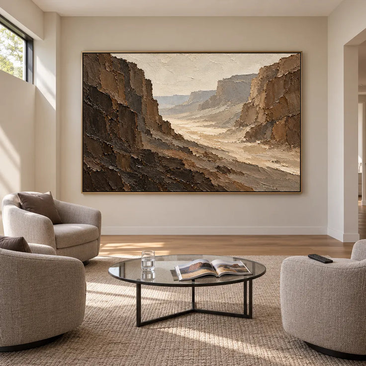 Brown Hand-Painted Canyon Painting, Pale Winding Valley #6XQTFI81