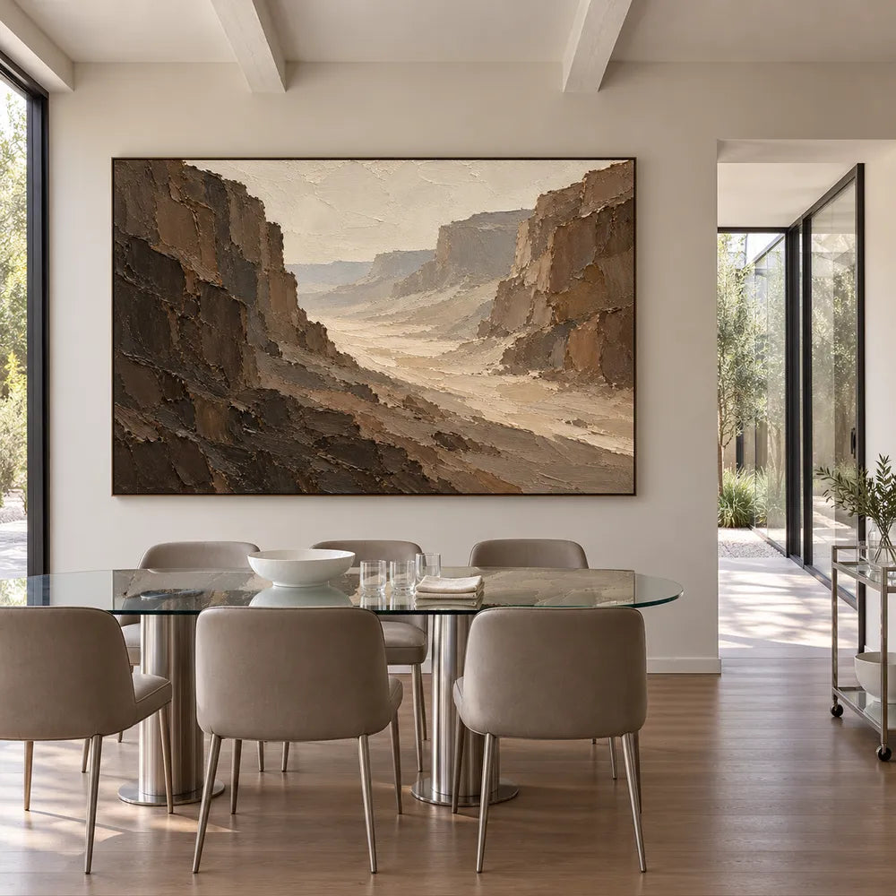 Brown Hand-Painted Canyon Painting, Pale Winding Valley #6XQTFI81