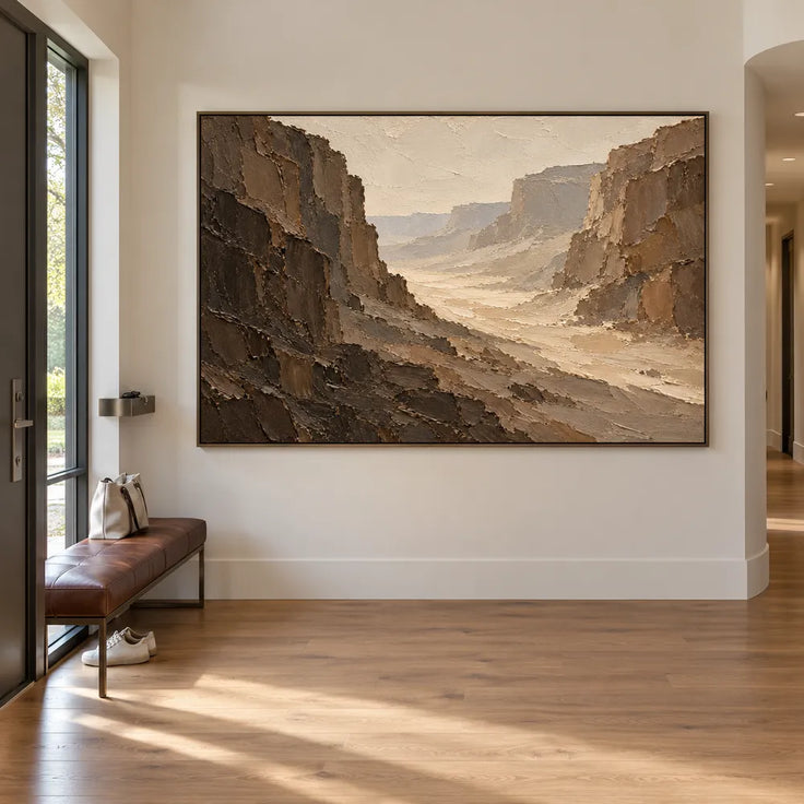 Brown Hand-Painted Canyon Painting, Pale Winding Valley #6XQTFI81