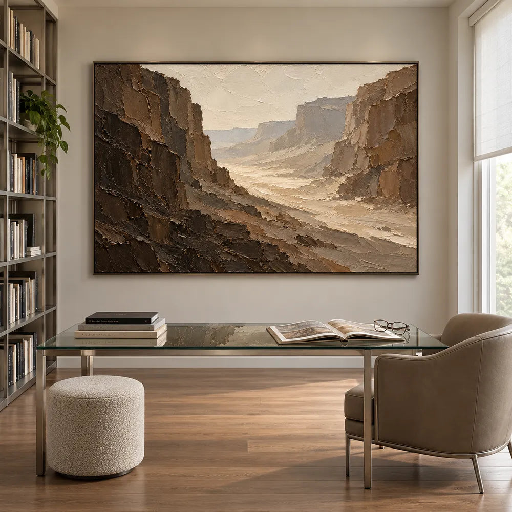 Brown Hand-Painted Canyon Painting, Pale Winding Valley #6XQTFI81