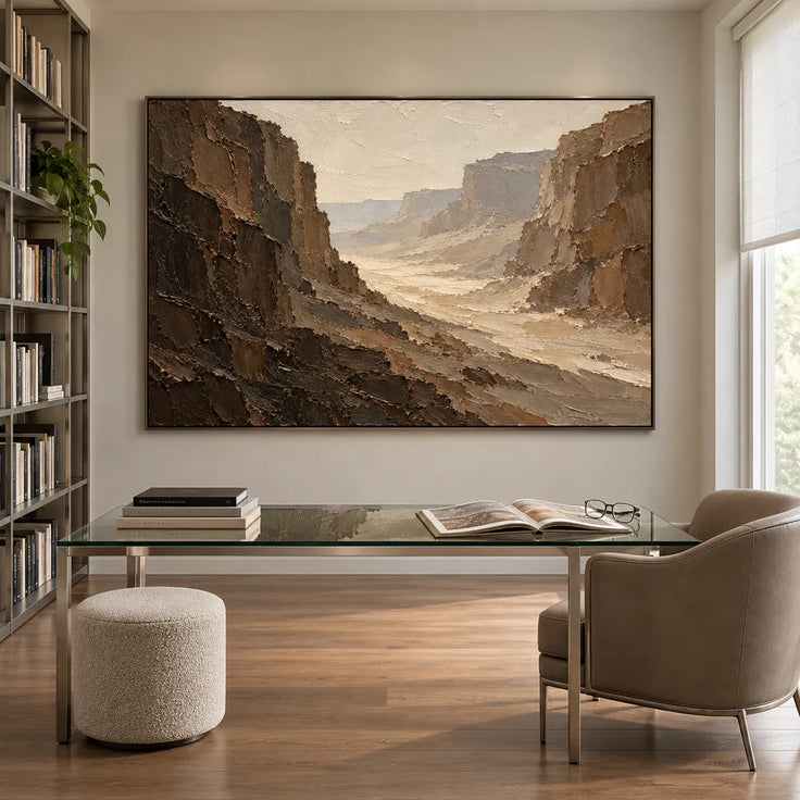 Brown Hand-Painted Canyon Painting, Pale Winding Valley #6XQTFI81