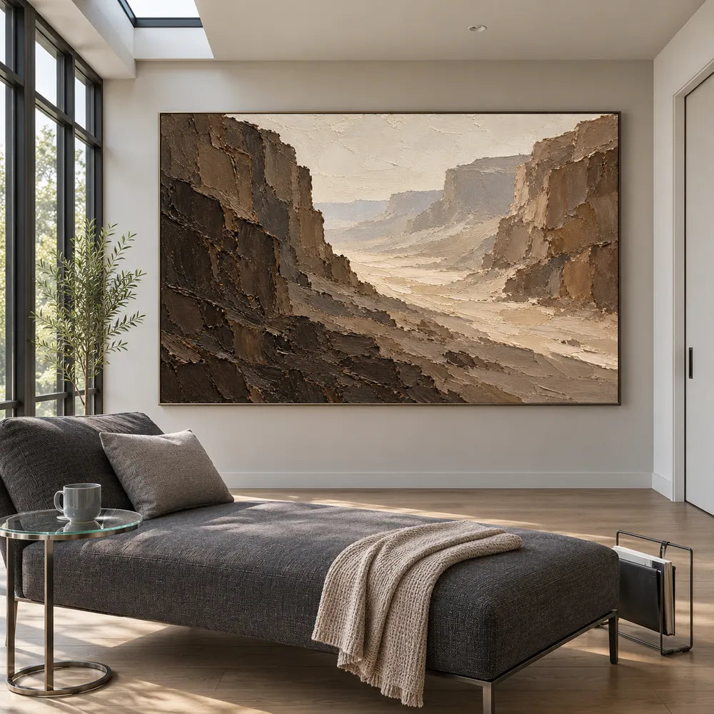 Brown Hand-Painted Canyon Painting, Pale Winding Valley #6XQTFI81