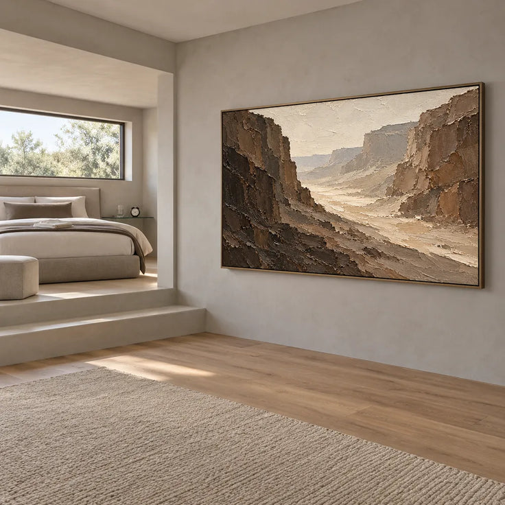 Brown Hand-Painted Canyon Painting, Pale Winding Valley #6XQTFI81