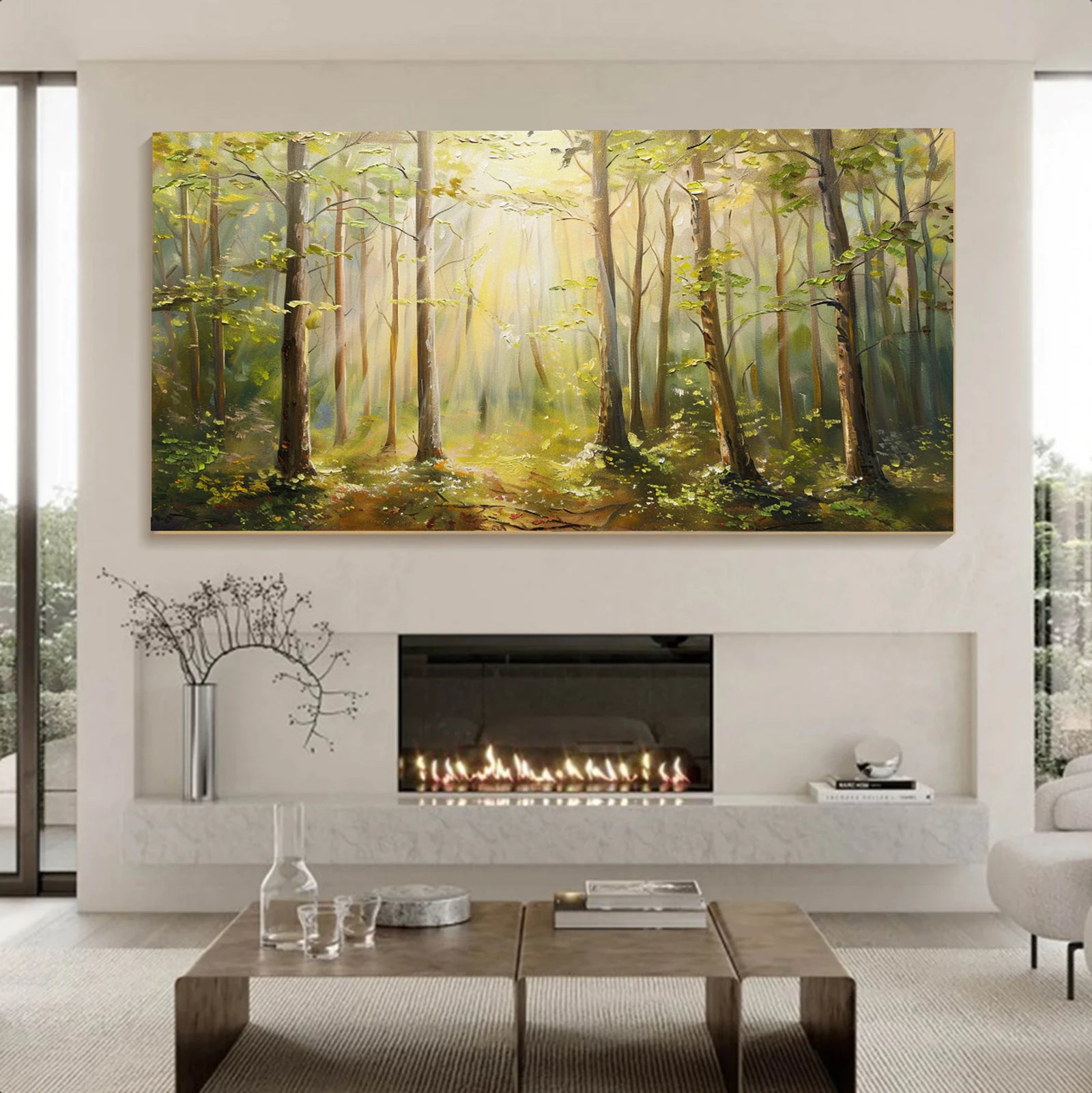 Sunlit Forest Landscape Oil Painting, Large Textured Wall Art #FT596
