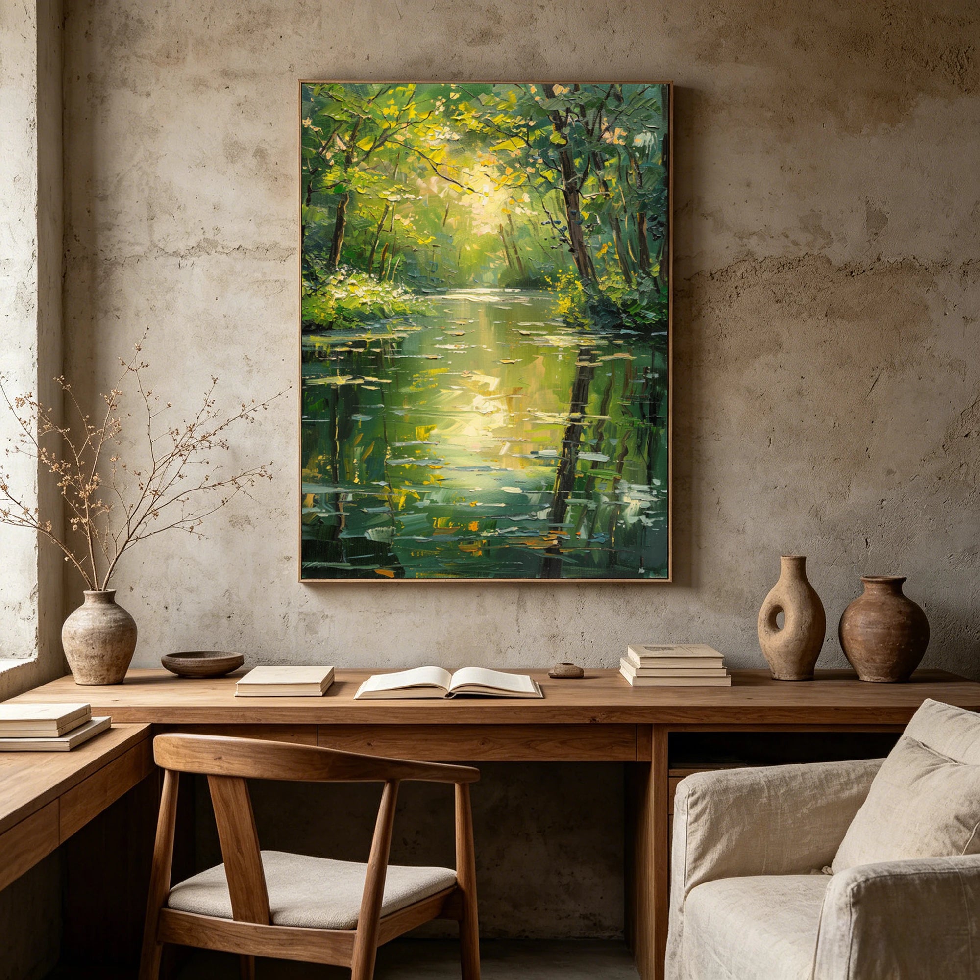 Hand-Painted Green Forest River Oil Painting #FJ597