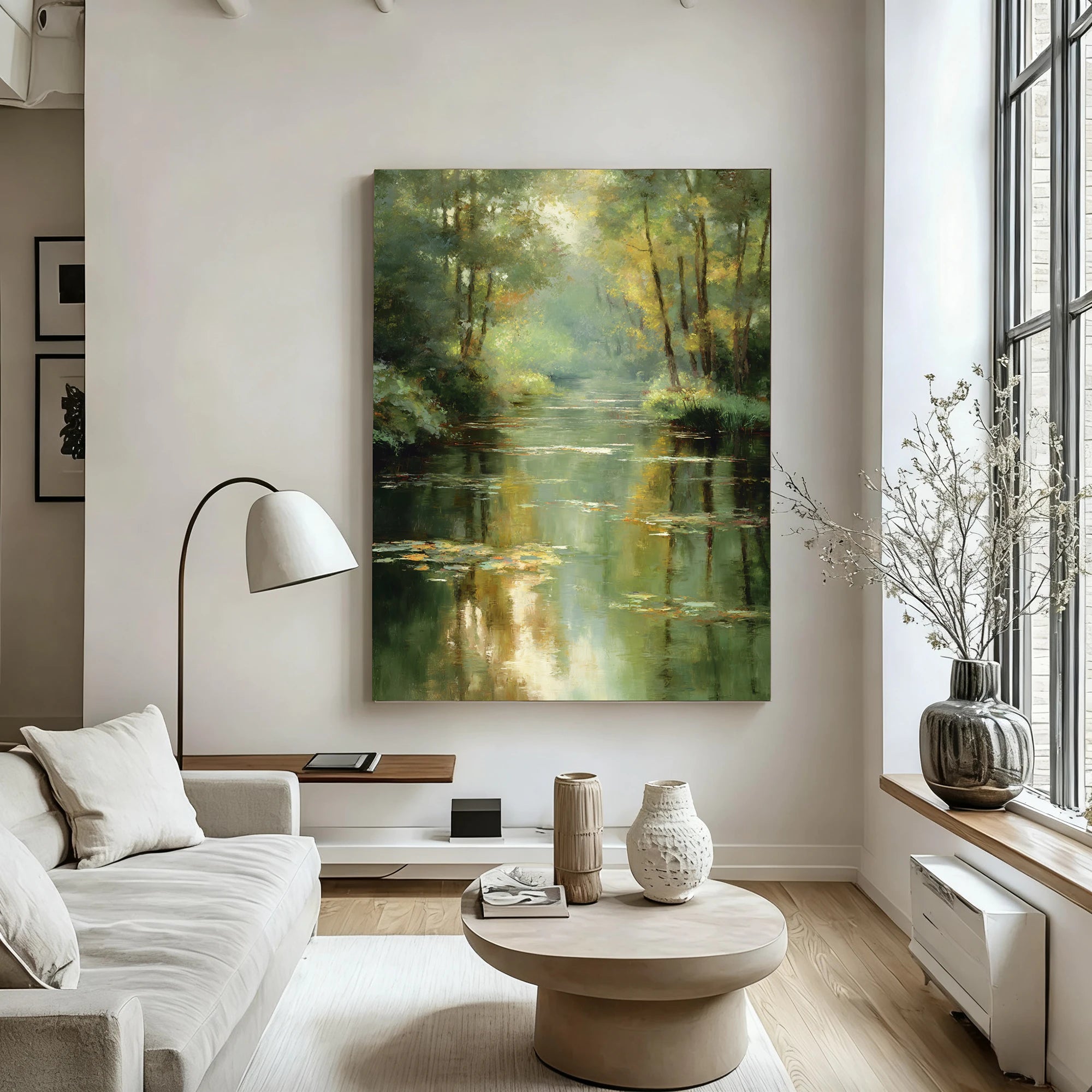 Hand-Painted Forest River Landscape Oil Painting with Water Lilies #FJ667