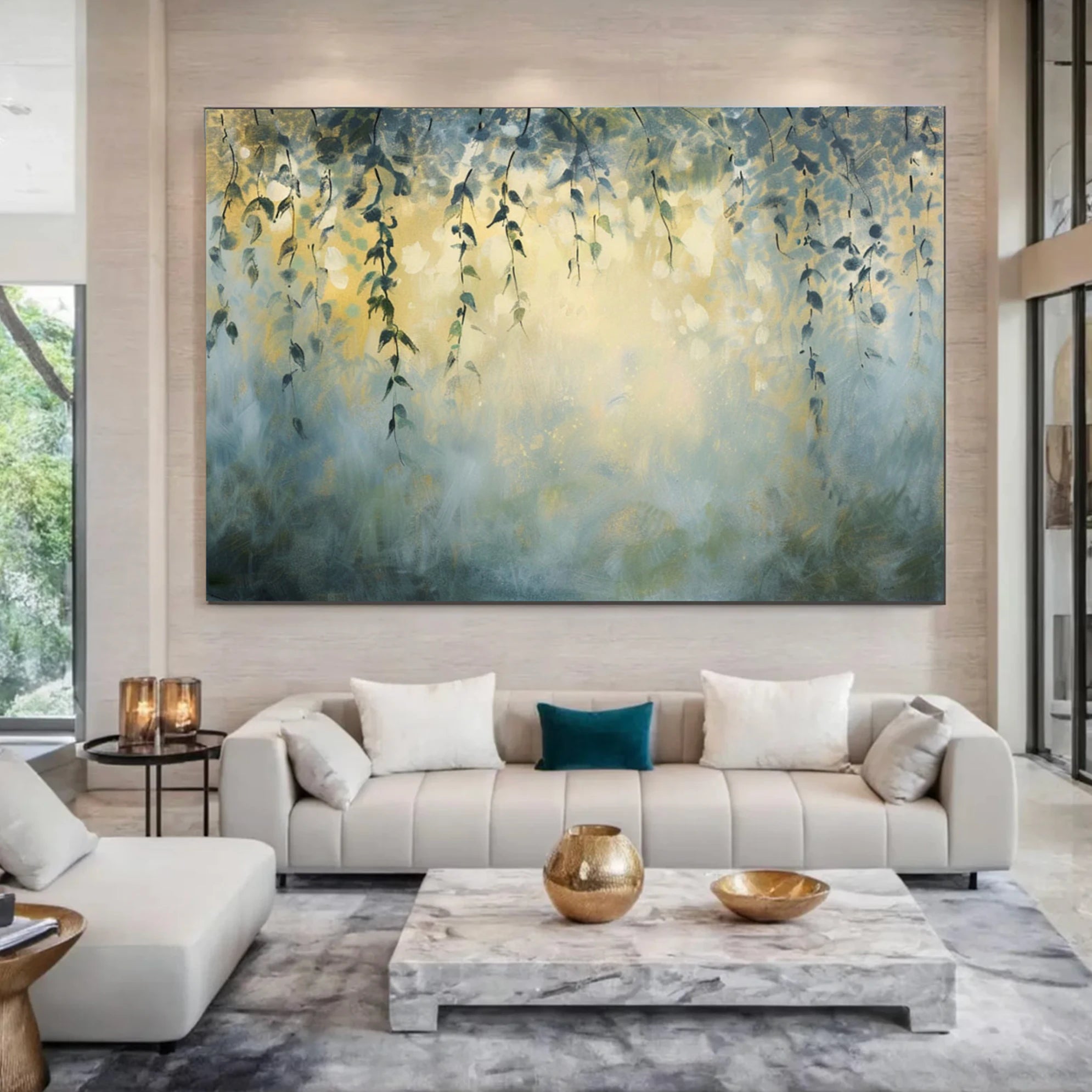 Abstract Blue & Gold Hanging Vines Oil Painting #FT586