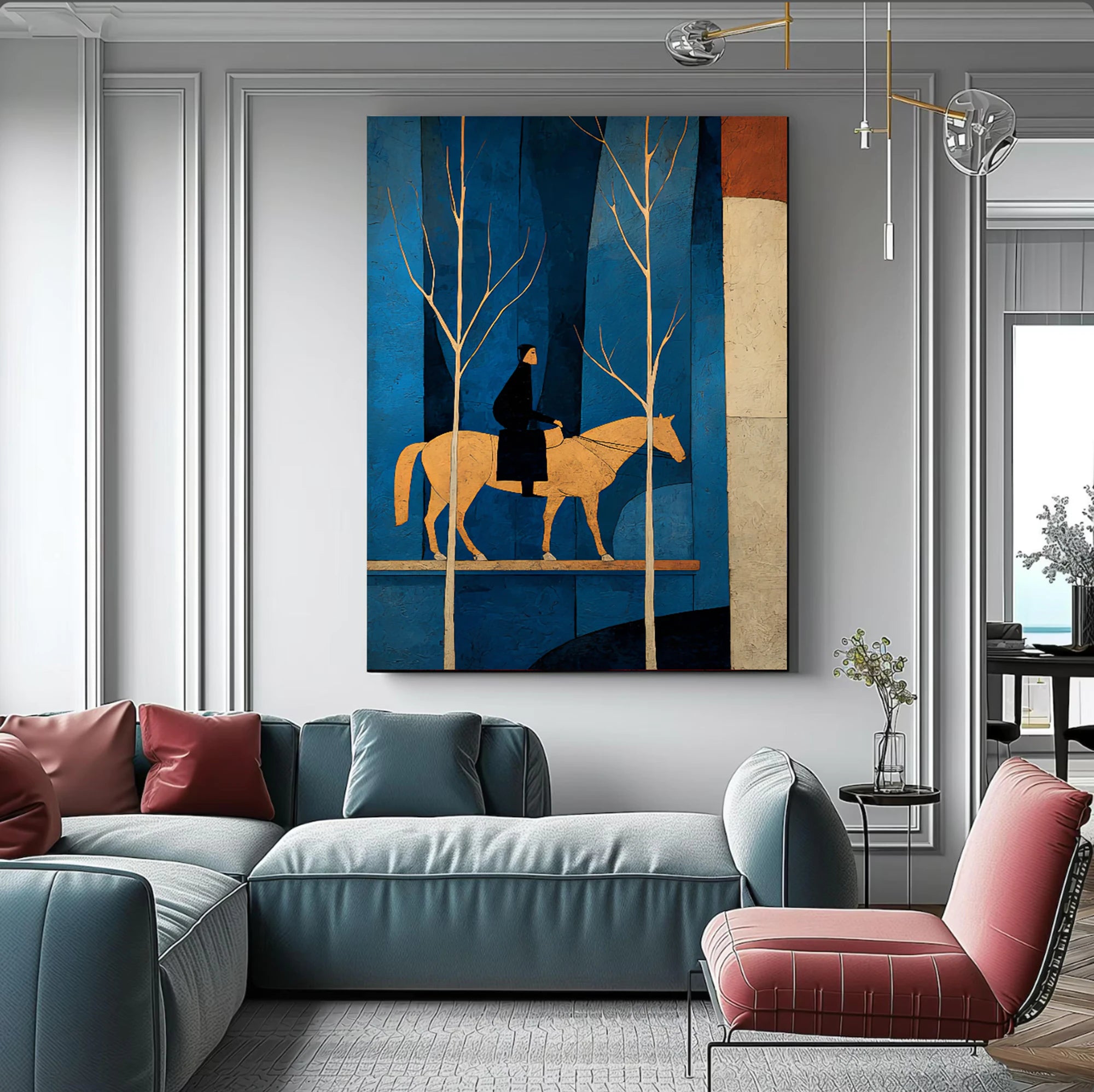 Modern Blue Forest Equestrian Oil Painting #WA521