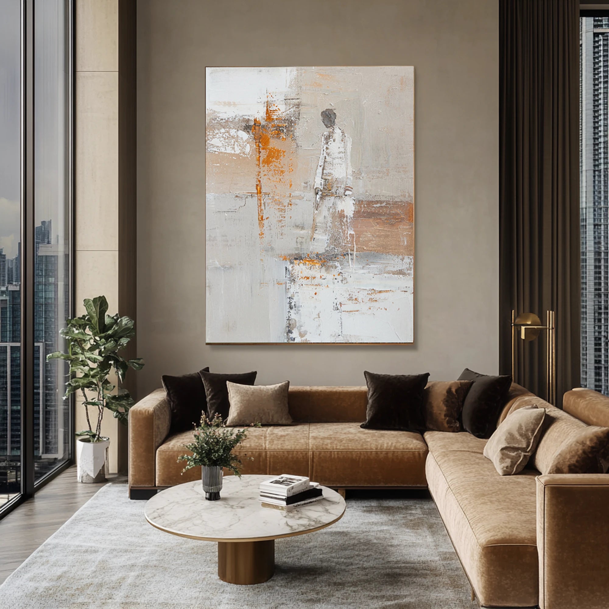 Abstract Figure Oil Painting, Neutral Wall Art, Original Hand-Painted Canvas #WA523