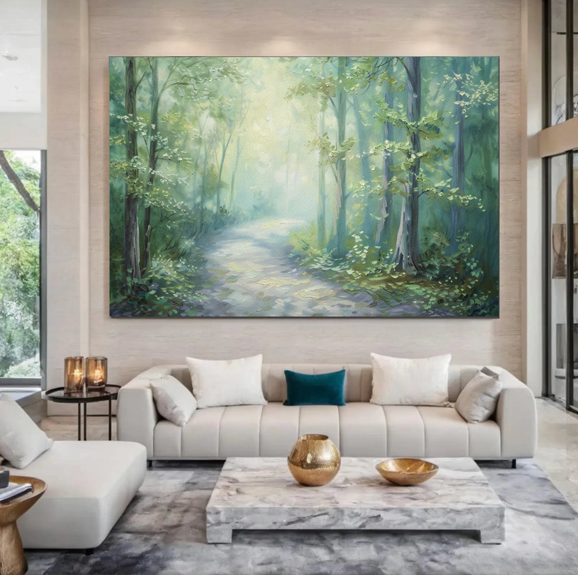 Misty Forest Path Oil Painting, Calm Green Wall Art #FT591
