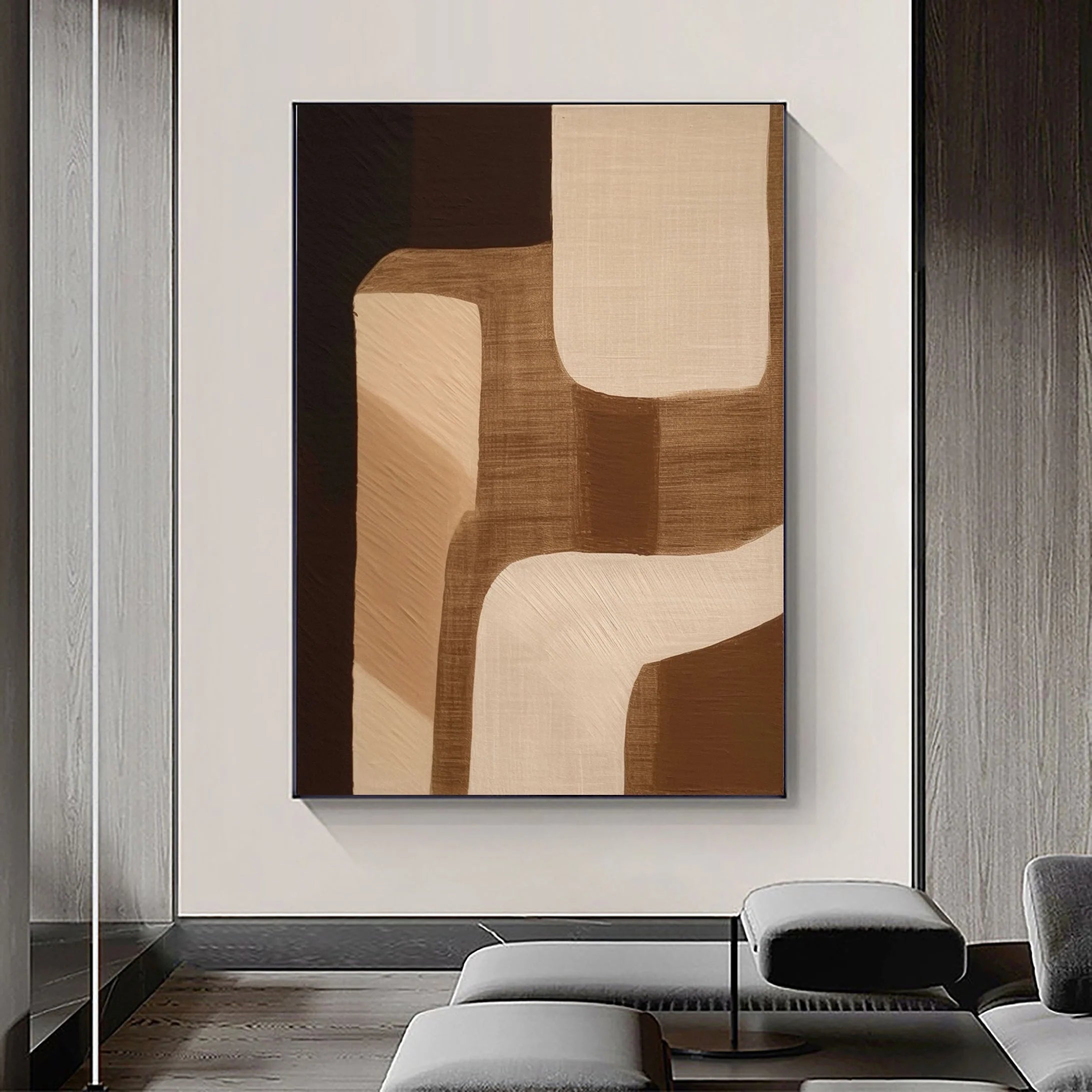 Eleanos Gallery Geometric Wabi Sabi Abstract Textured Painting, Tan and Brown Wall Artwork
