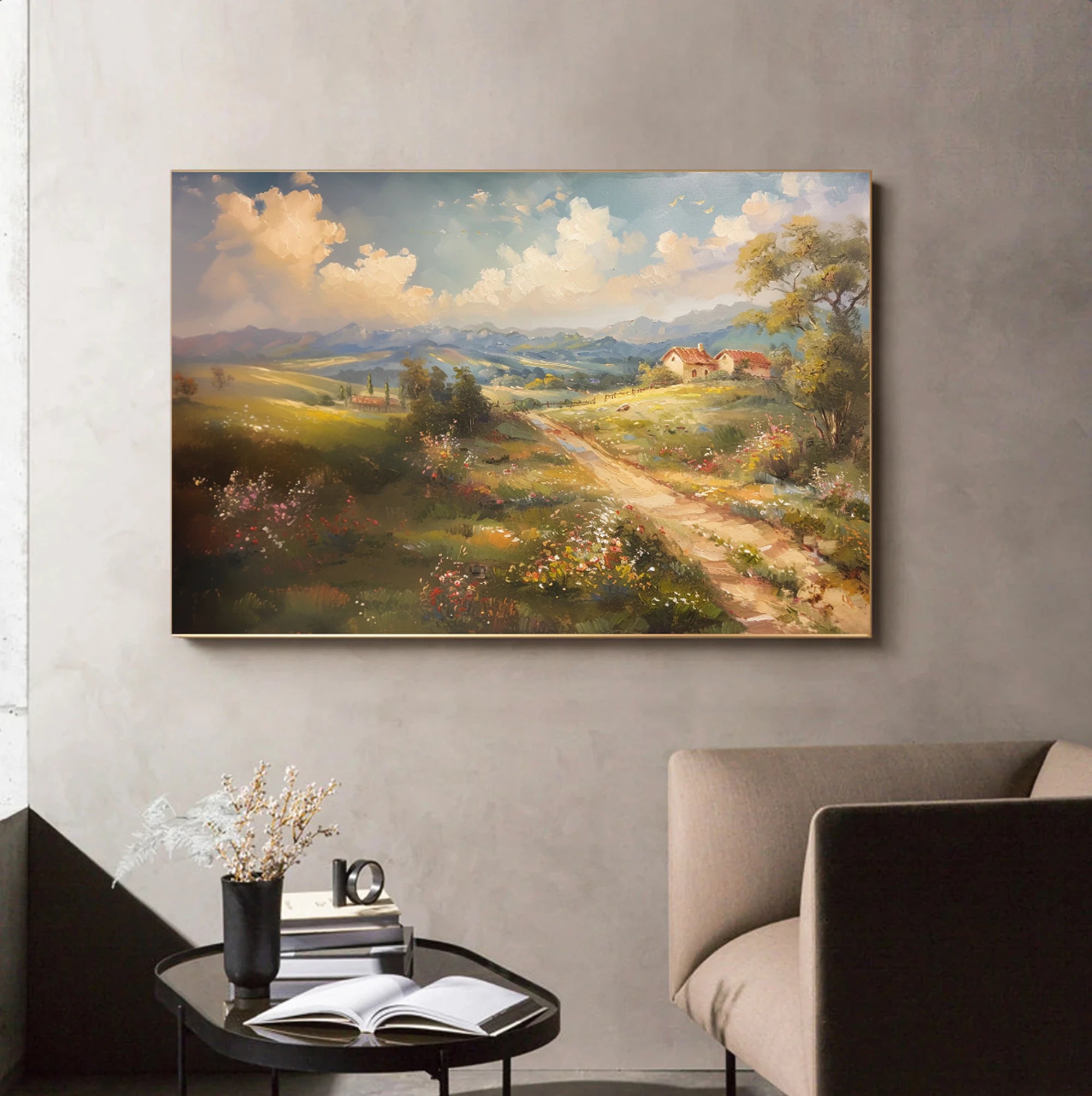 Vintage Tuscan Countryside Oil Painting, Soft Landscape Wall Art #FT597