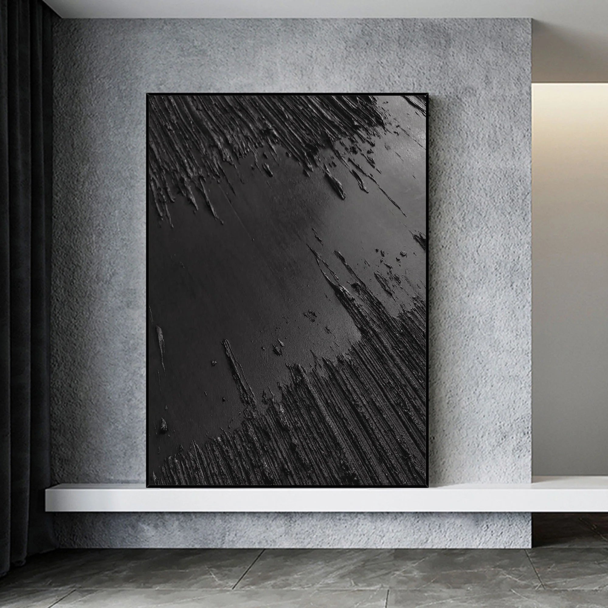 3D Textured Minimalist River Painting Total Black Canvas Wall Decor