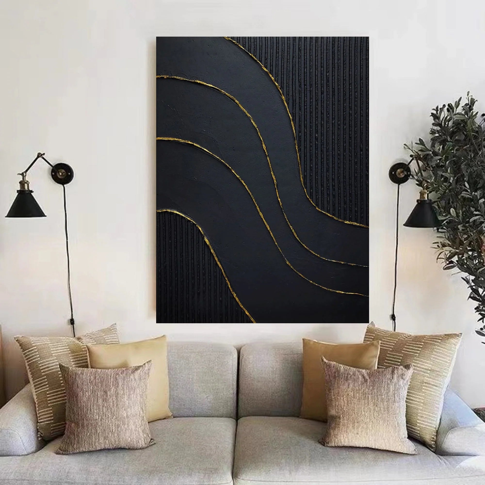 Large 3D Textured Abstract Minimalist Wall Art Black Modernism Painting Gold Foil Handcrafted Artwork Home Decor