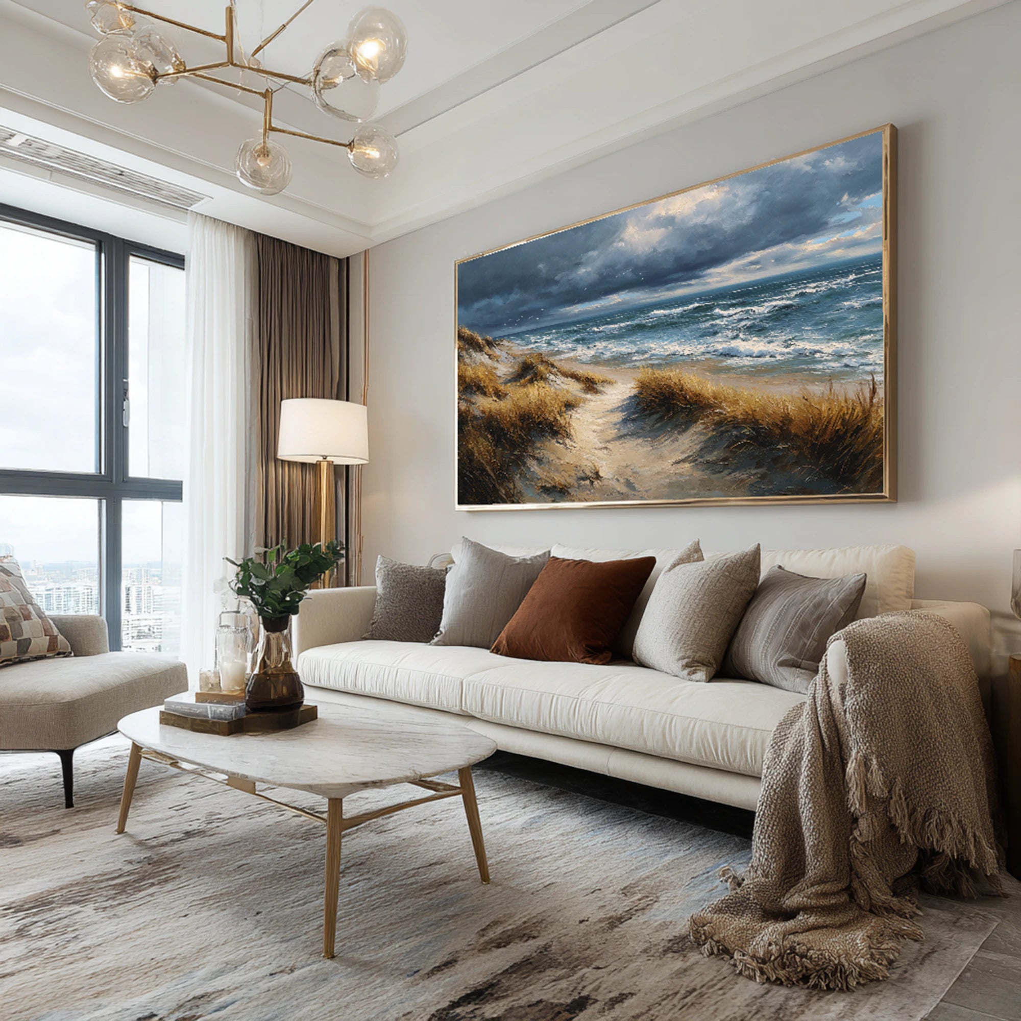 Stormy Beach Dunes Oil Painting Neutral Seascape Canvas #SK590