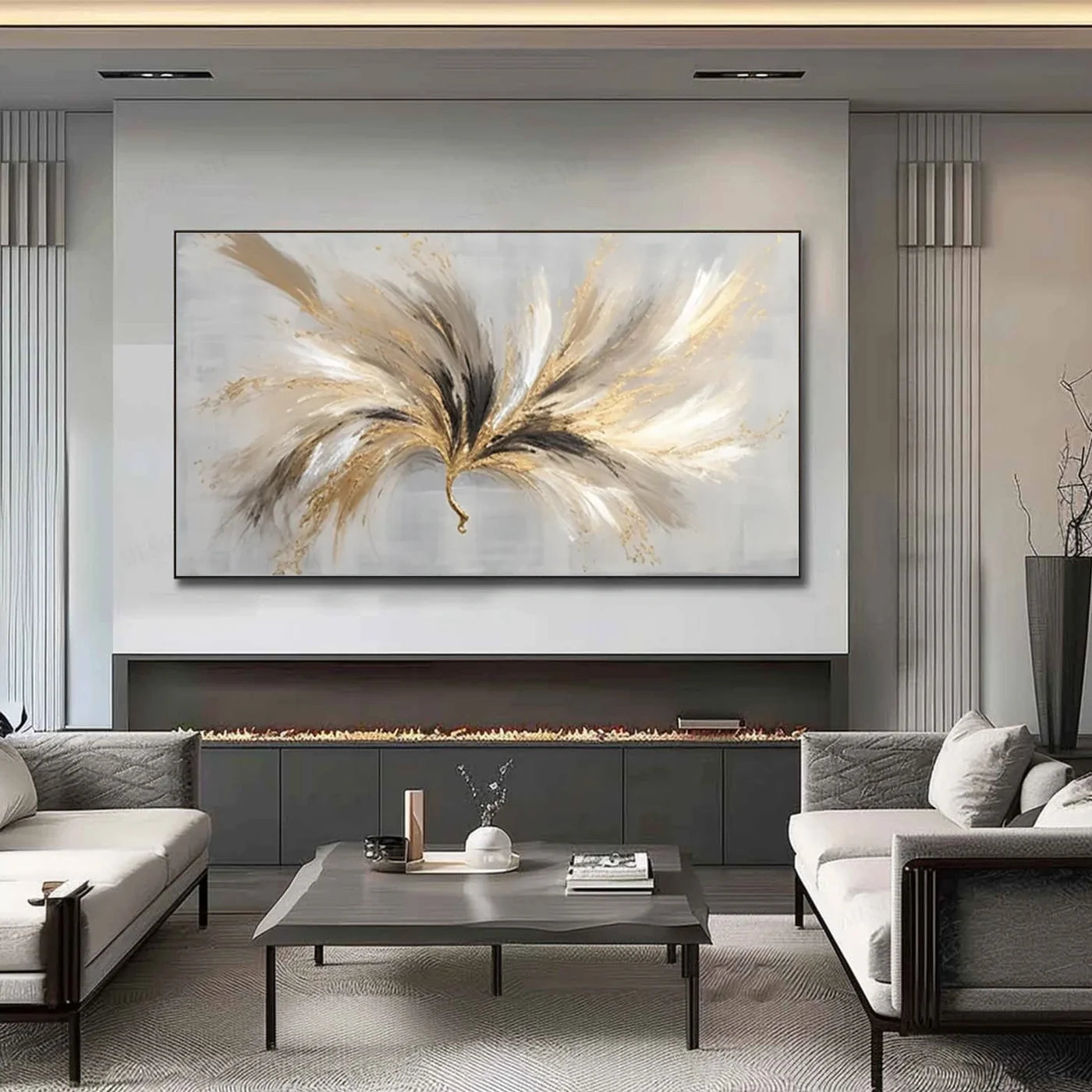 Warm Gray Tone Gold Leaf Abstract Art #WA109