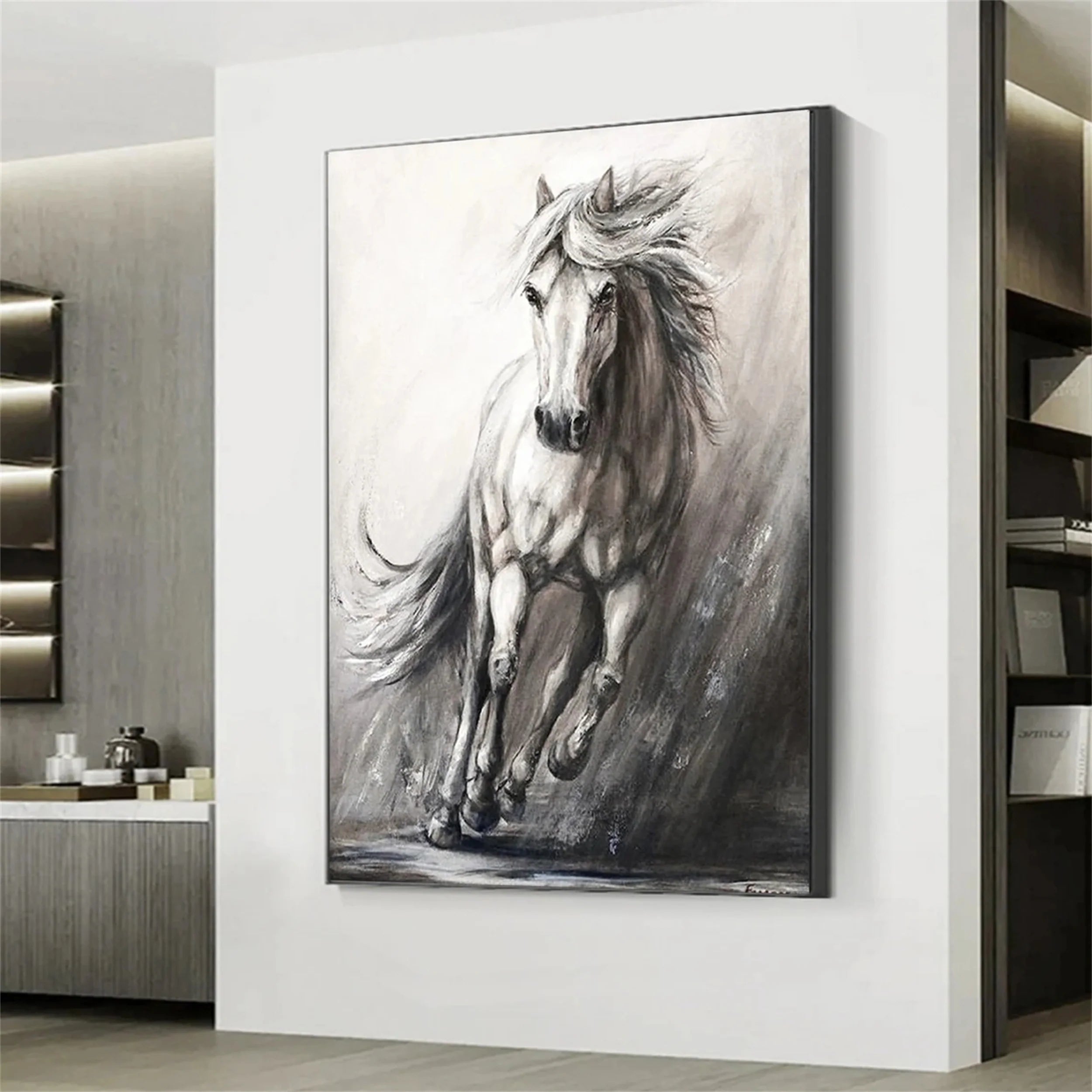 White And Black Horse Abstract Animal Wall Art #AM048