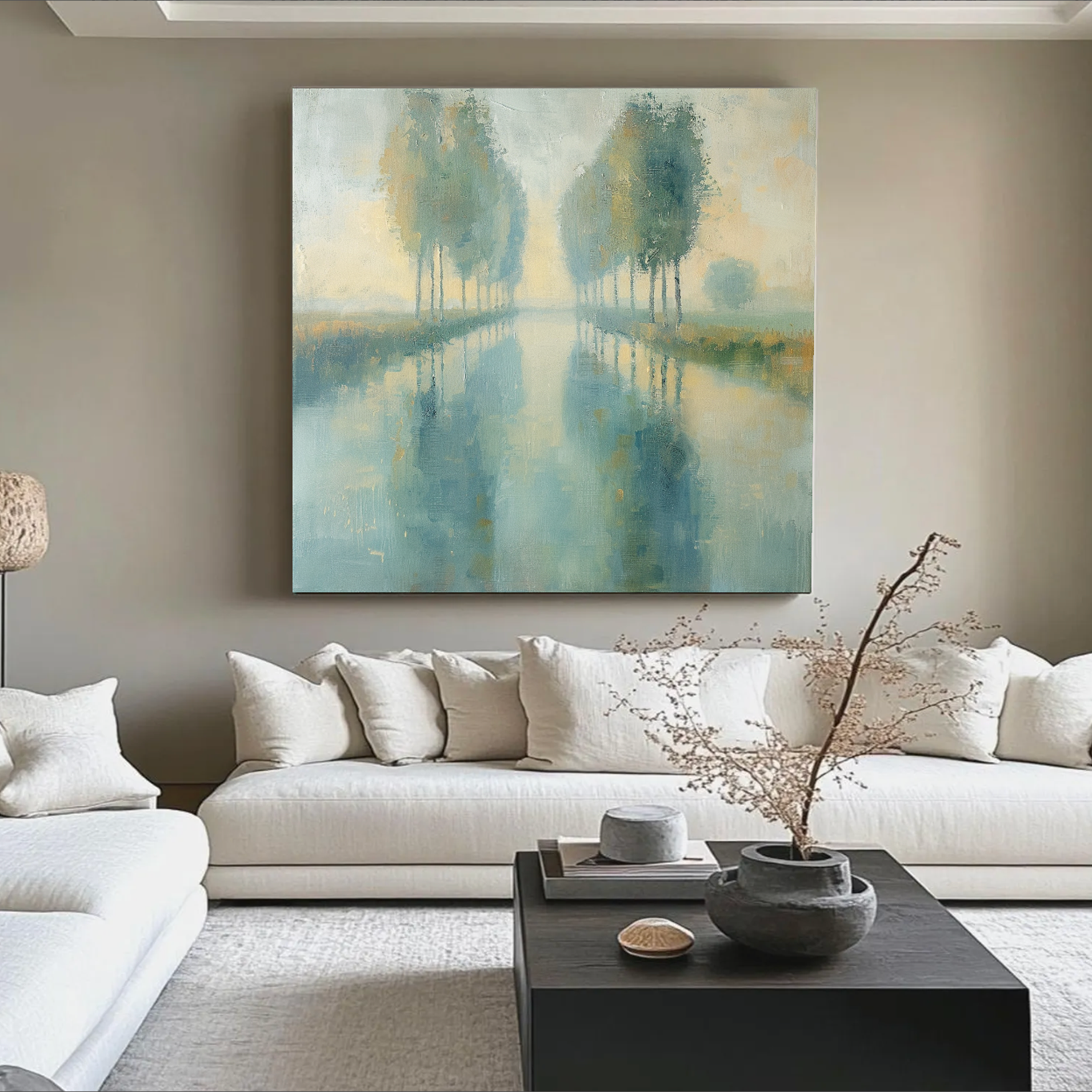 Poplars by the River at Dawn Impressionist Landscape Oil Painting #FT331
