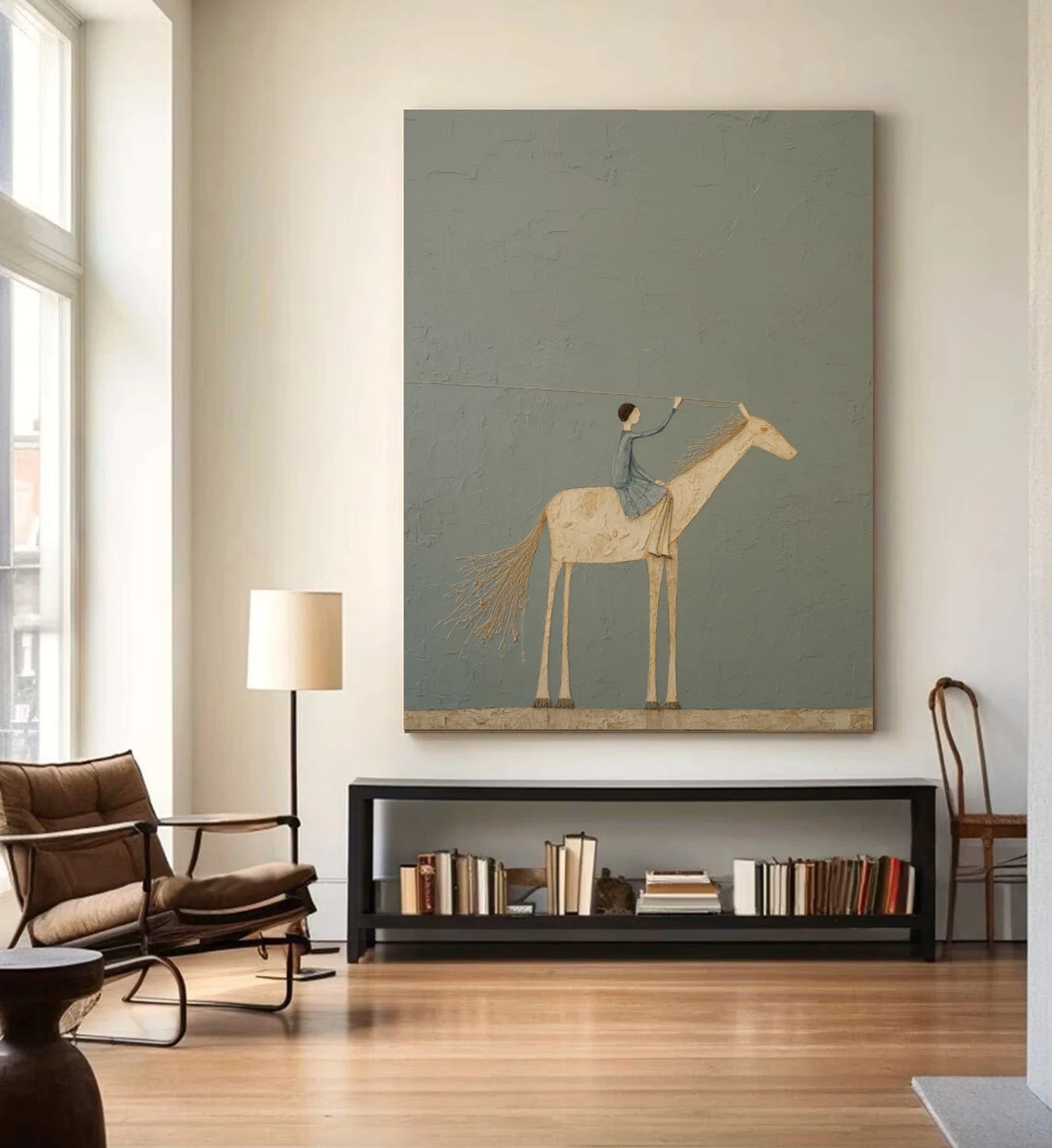 Minimalist Hand-Painted Horse Rider Oil Painting, Neutral Wall Art #WA533