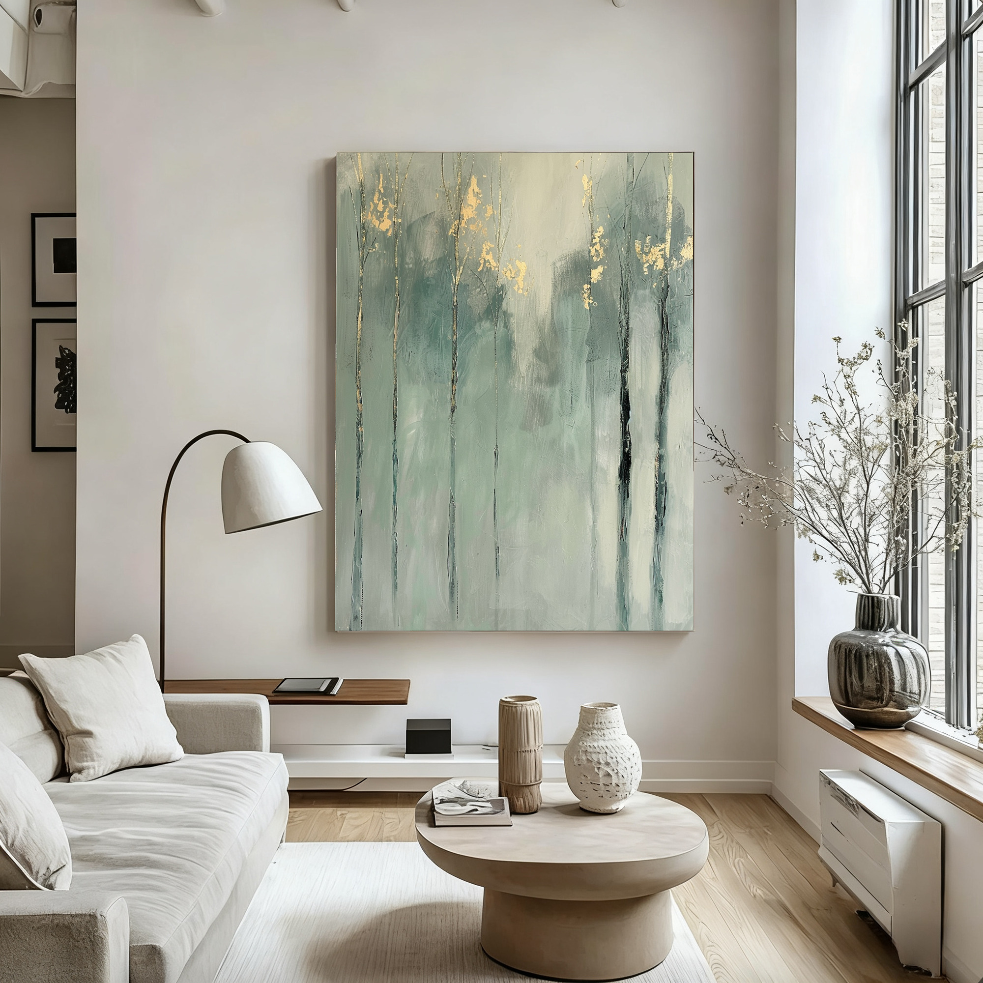 Sage Green Trees with Gold Leaf Abstract Oil Painting #FT211