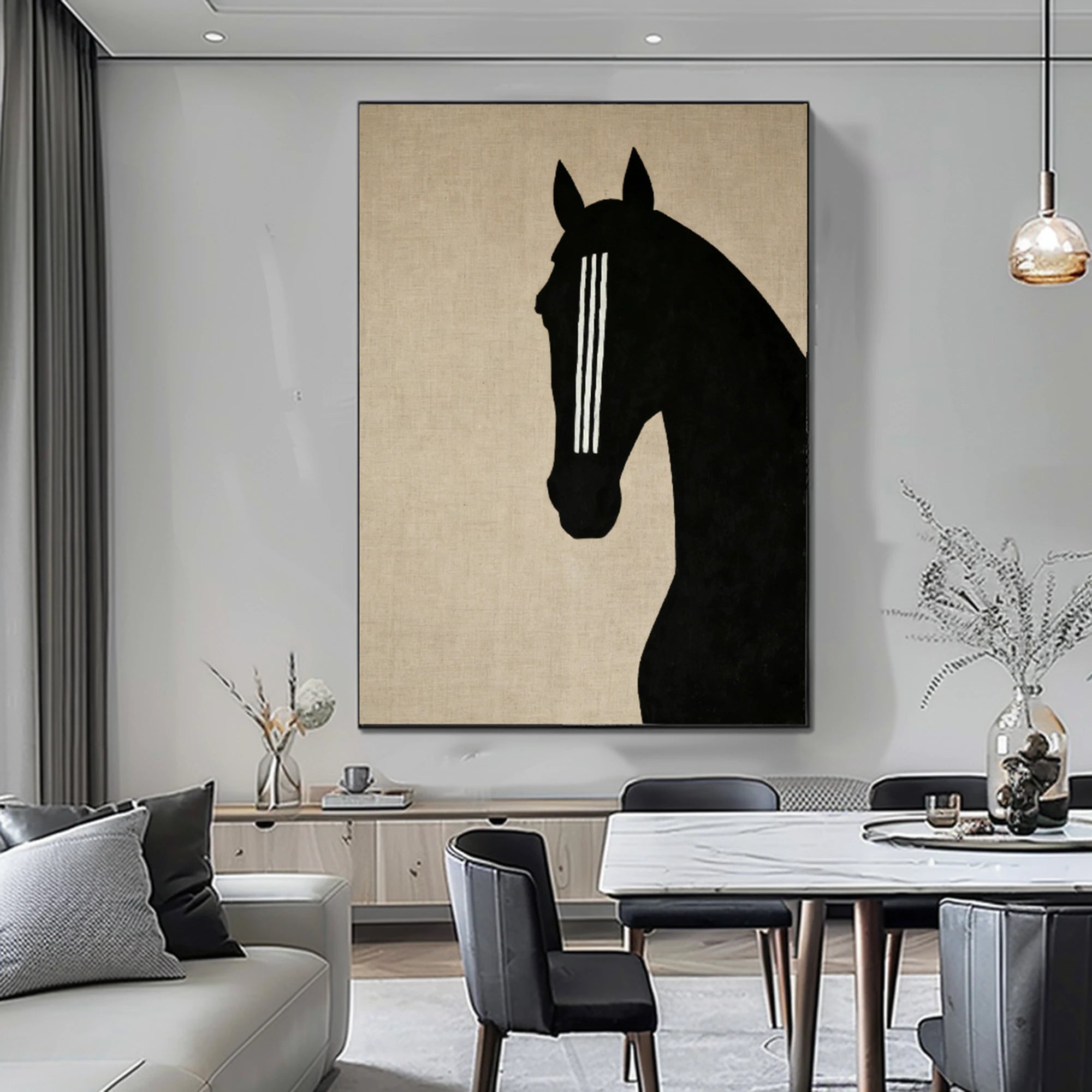 Minimalist Horse Head Hand-Painted Oil Painting | Wabi-Sabi Linen Texture Wall Art #WA511