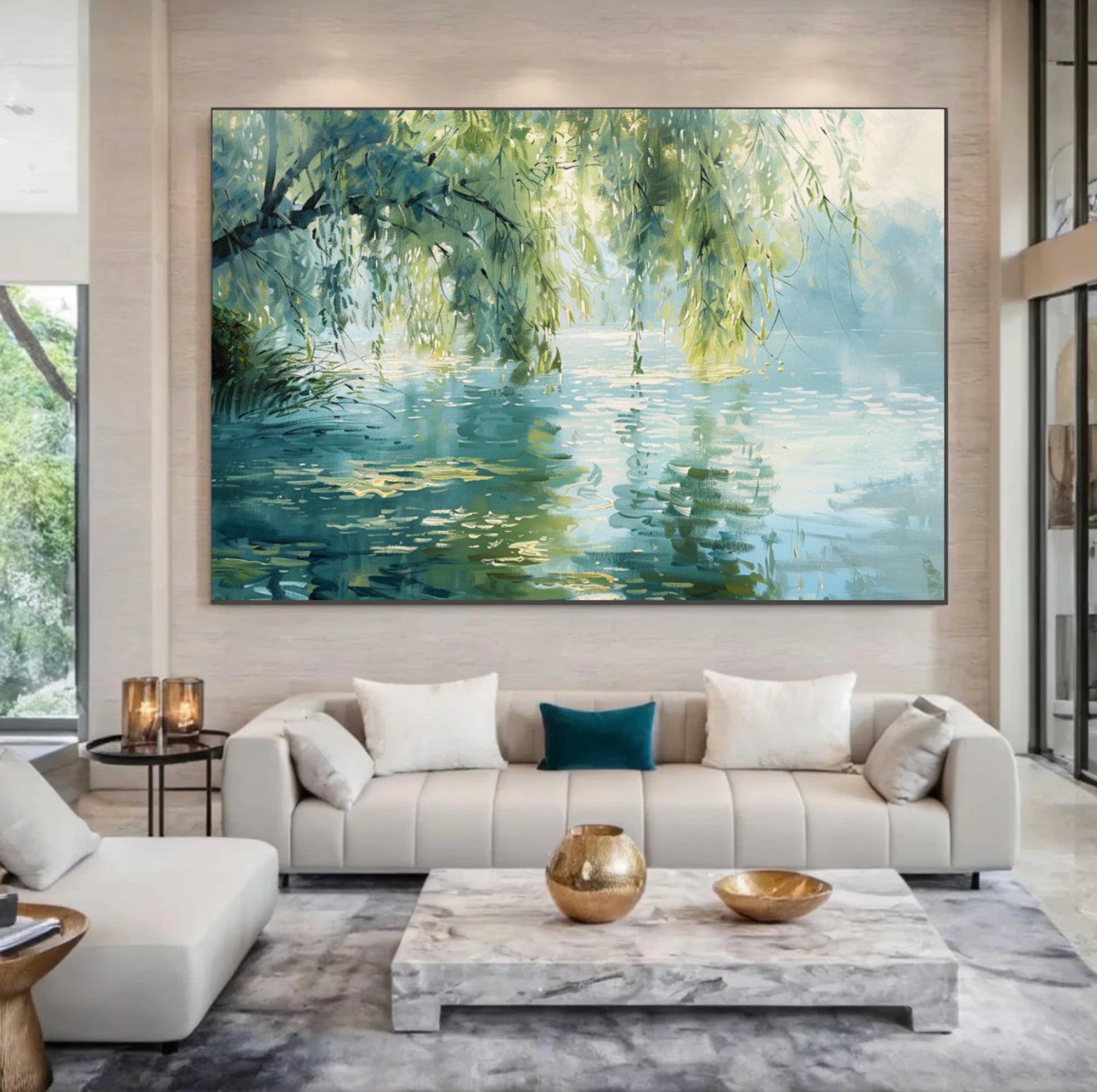 Tranquil Willow Lake Landscape Oil Painting #FT578