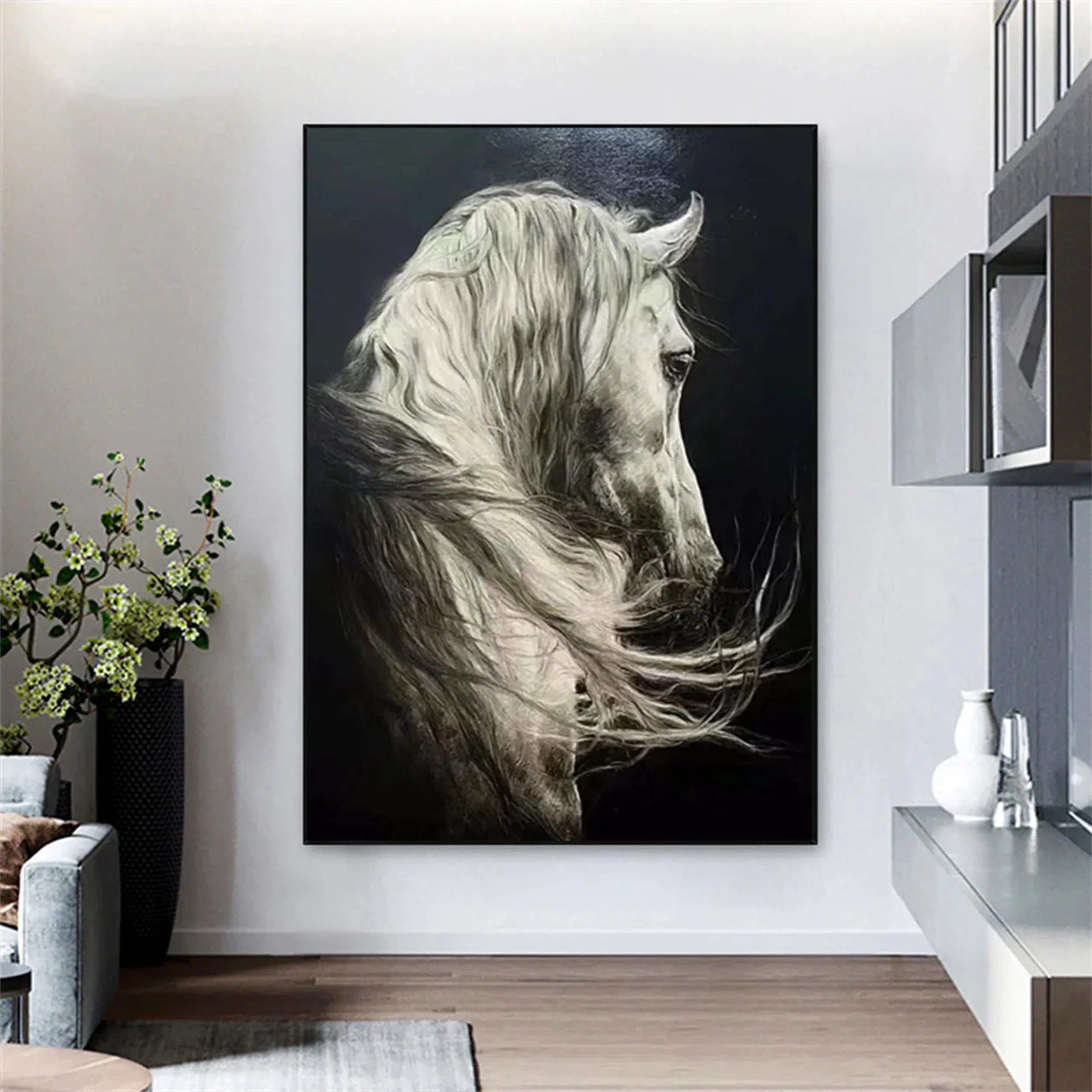 White And Black Horse Abstract Animal Wall Art #AM050