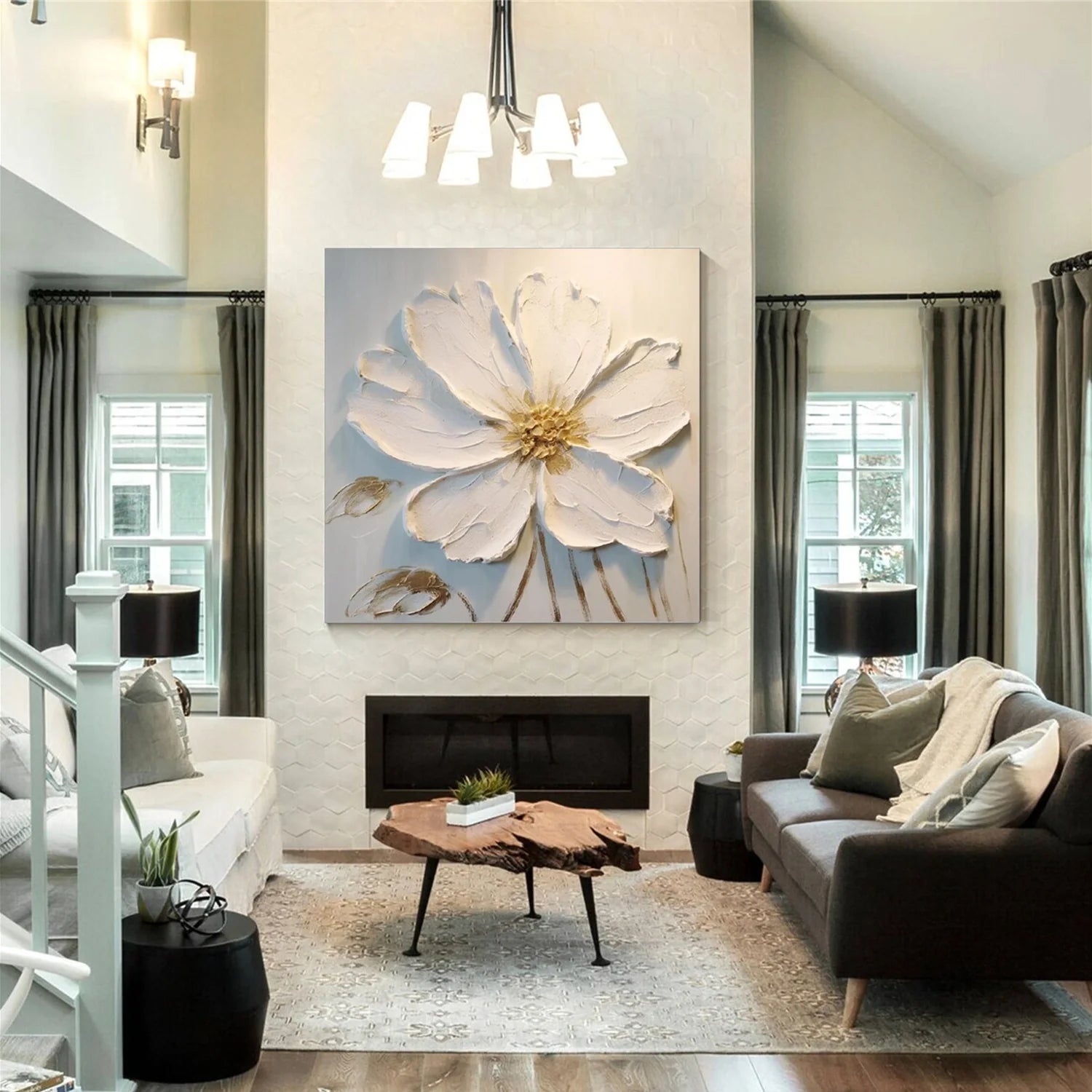 White Flower & Tree Abstract_Textured Wall Art #FT136