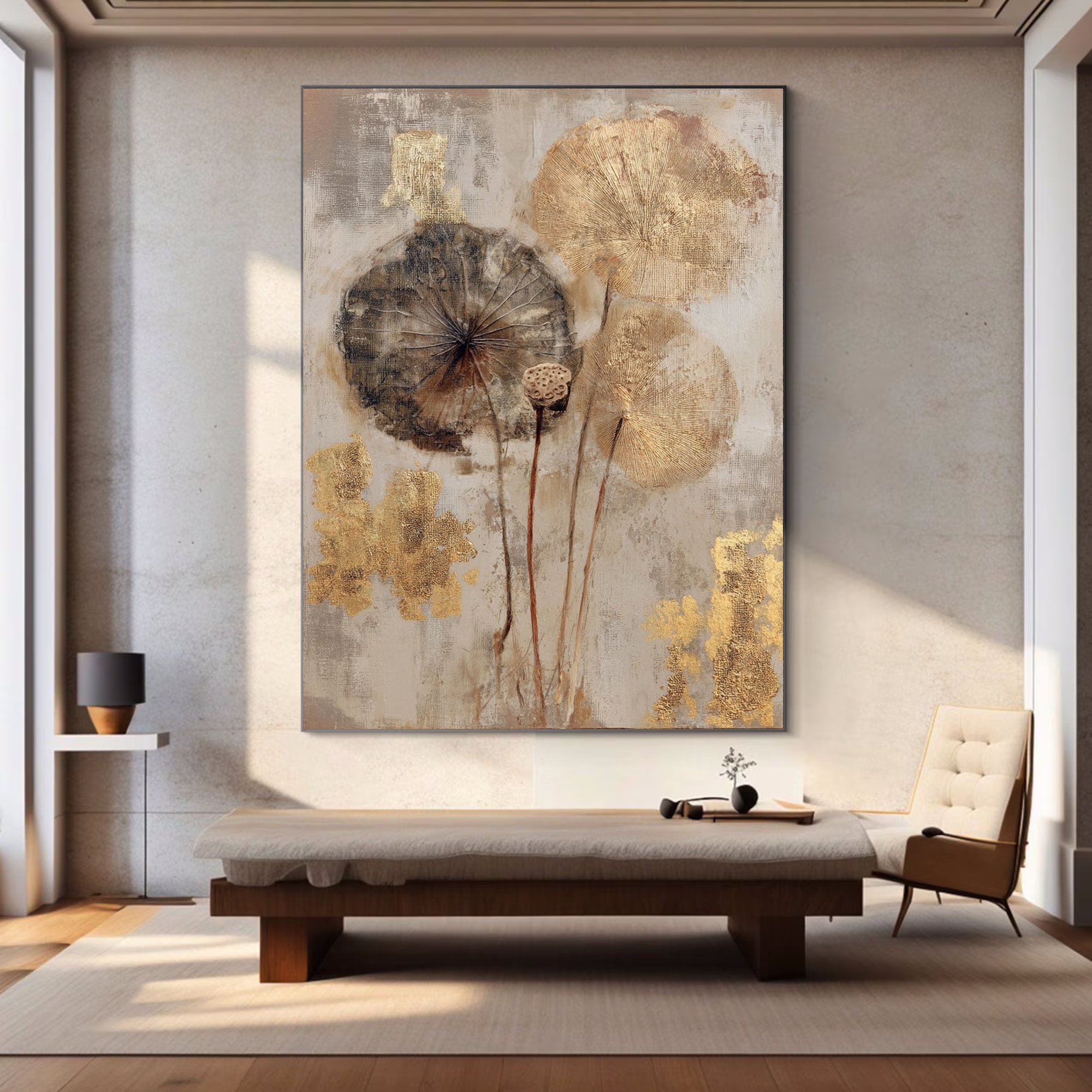 Gold Leaf Lotus Impasto Wall Art #FT155