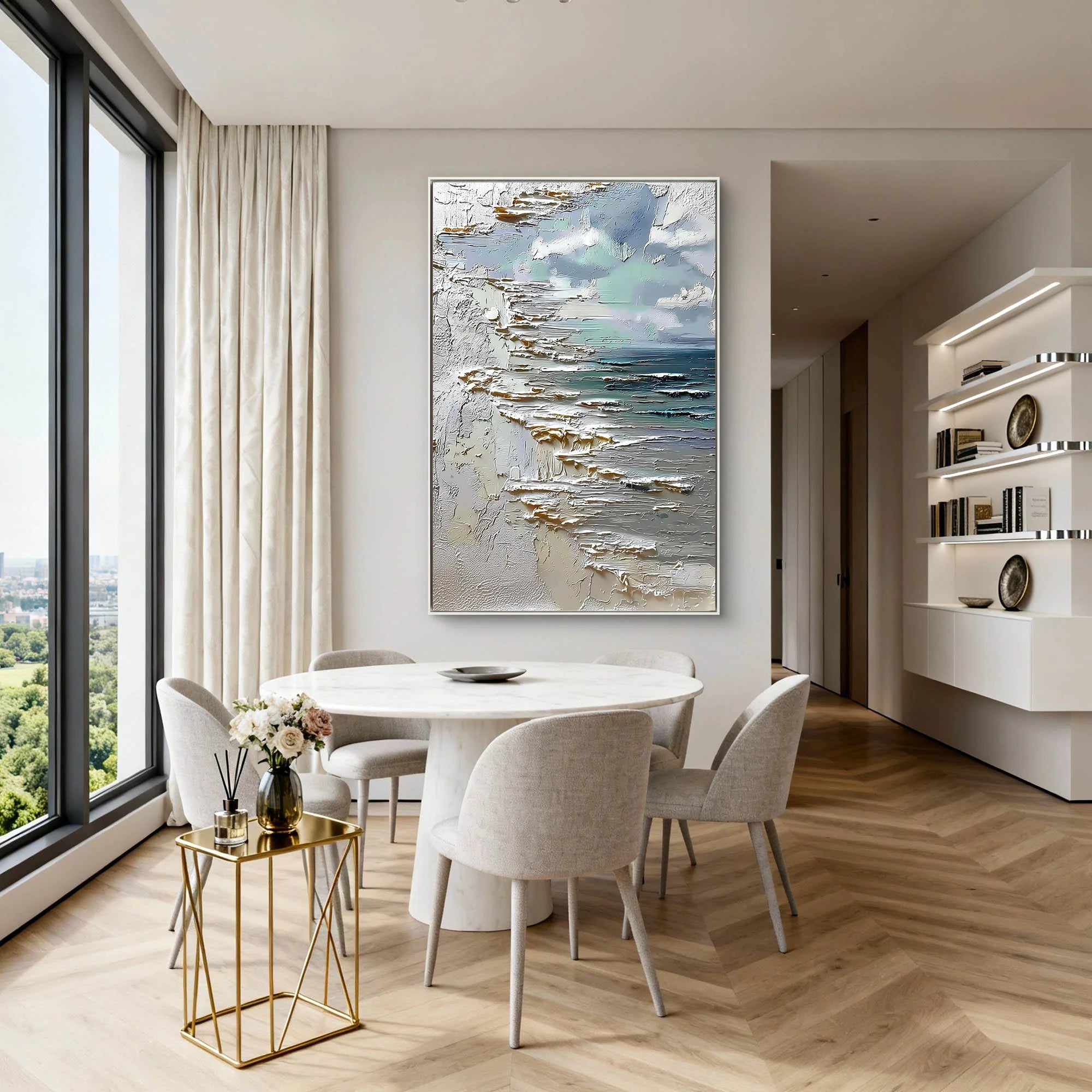 Hand-Painted Abstract Seascape Oil Painting, Neutral Coastal Wall Art #MD236