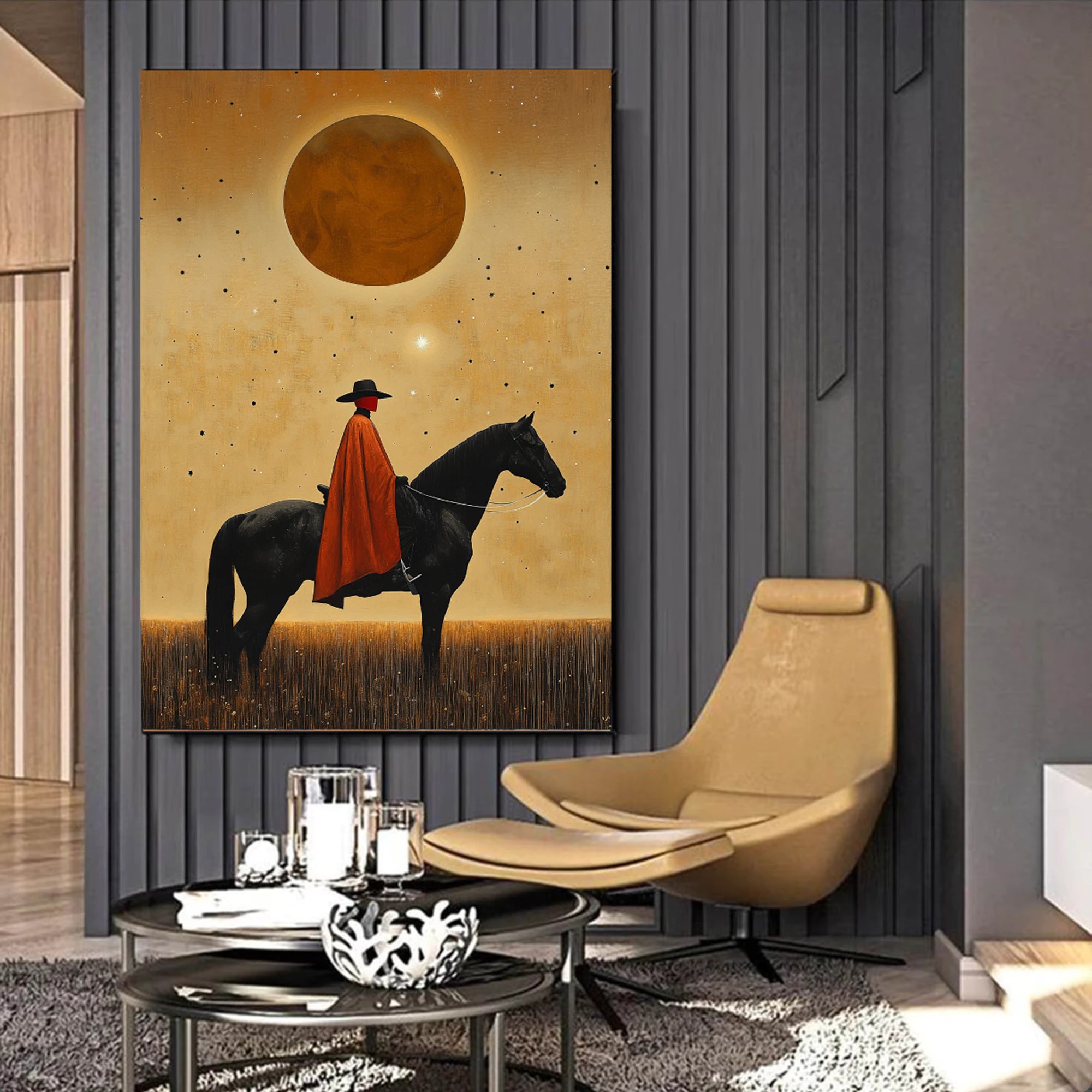 Hand-painted Abstract Horse Rider Oil Painting, Warm Earth Tone Wall Art #AB514