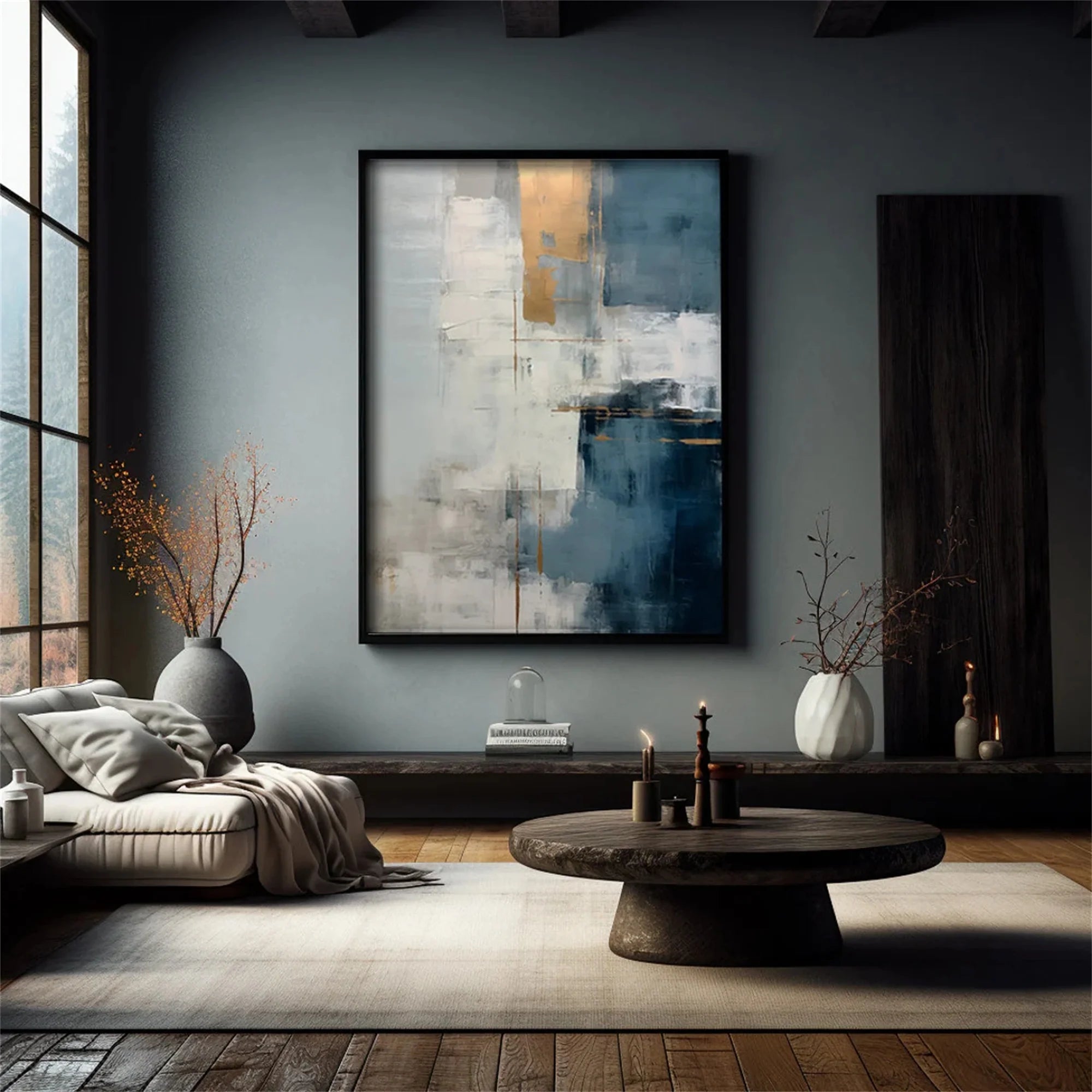 Minimalist Navy Blue and White Canvas Art for Living Room #MZ355