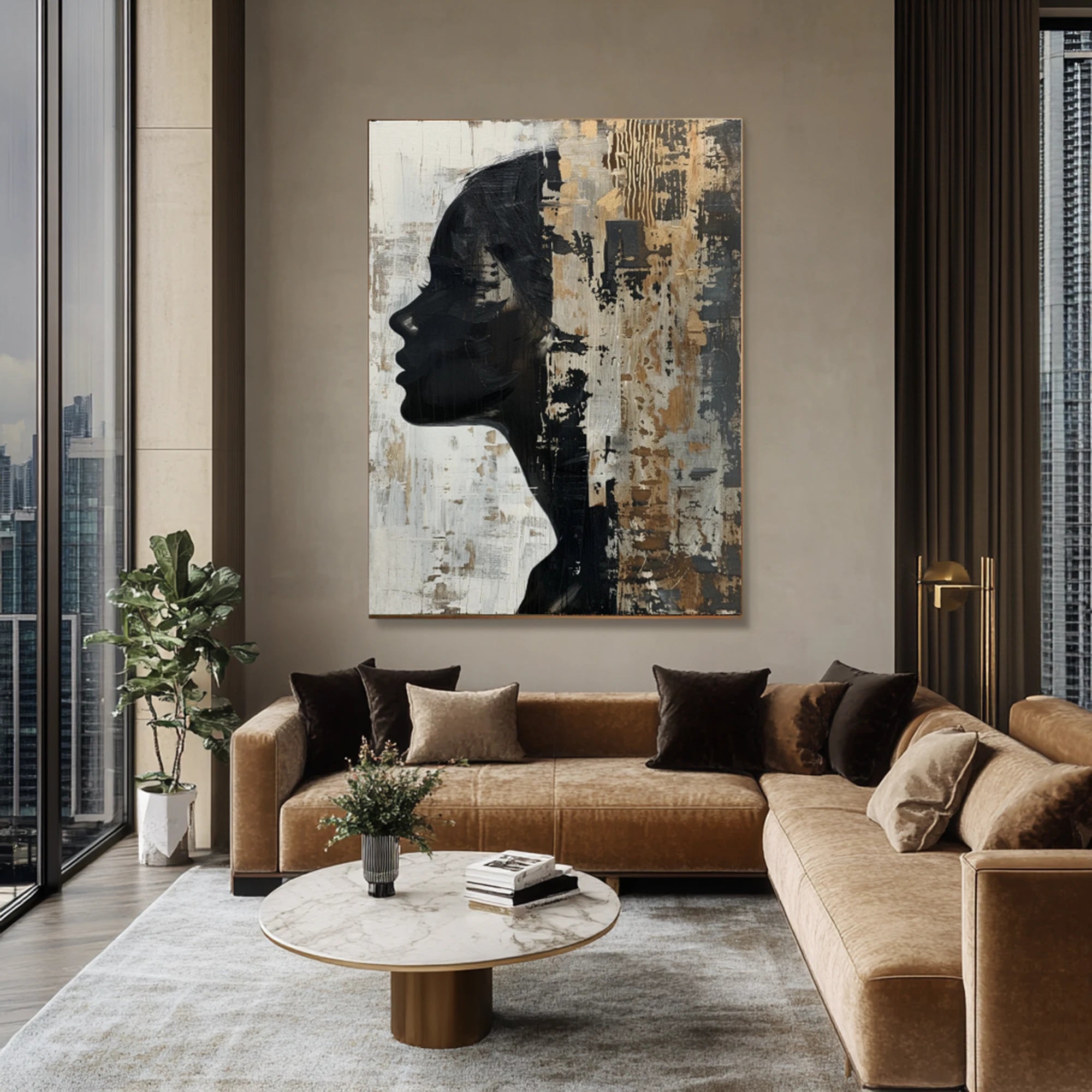 Hand-Painted Abstract Woman Silhouette Oil Painting, Black & Gold Textured Wall Art #WA513