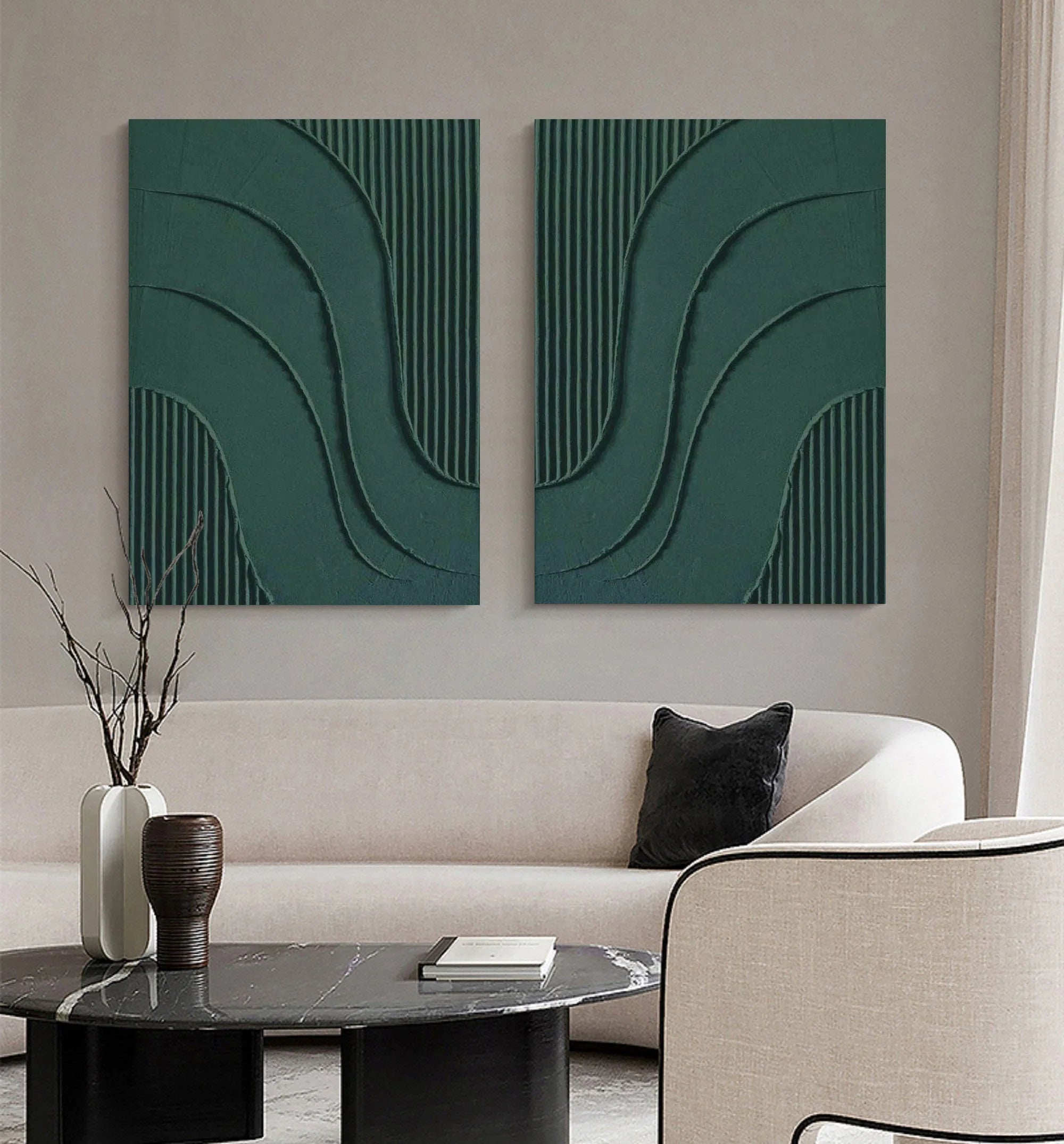 Textured Wabi Sabi Painting Symmetrical Green Wall Decor, Set of 2 for Room