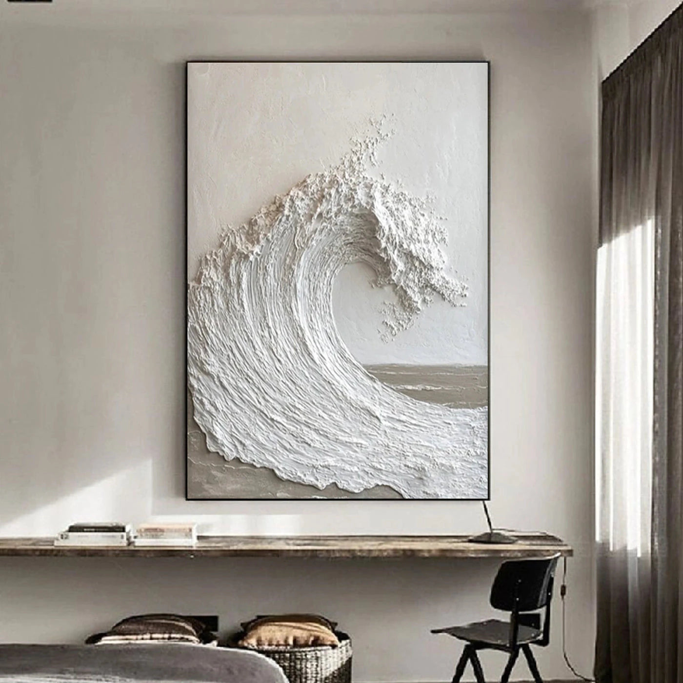 White 3D Wave Textured Abstract Oil Painting, Minimalist Coastal Wall Art #WA142