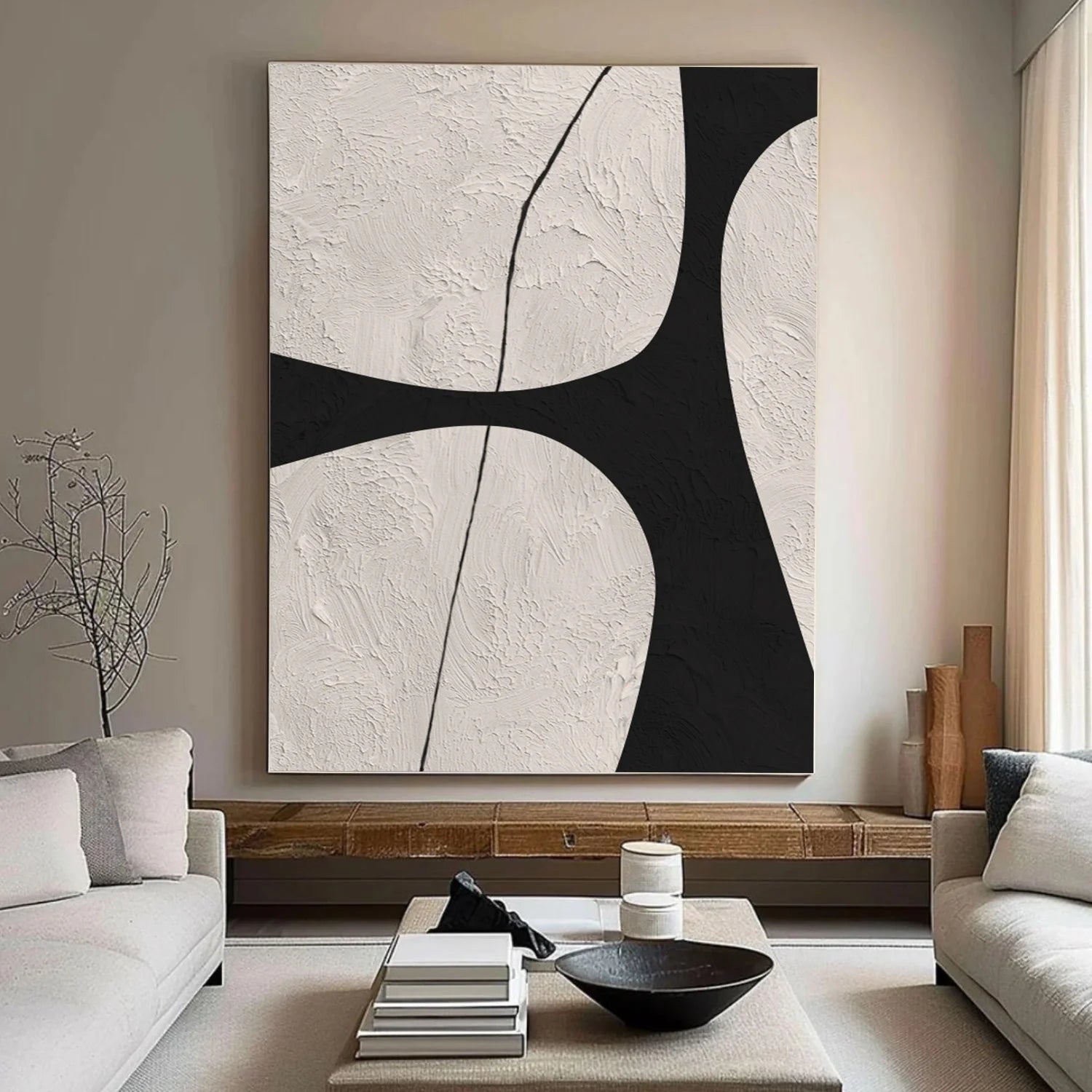 Beige & Black Abstract Textured Canvas Art #WA783