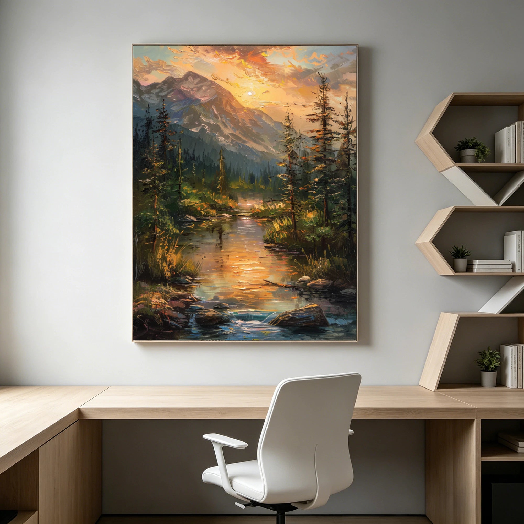Mountain Sunset River Landscape Oil Painting #FJ668