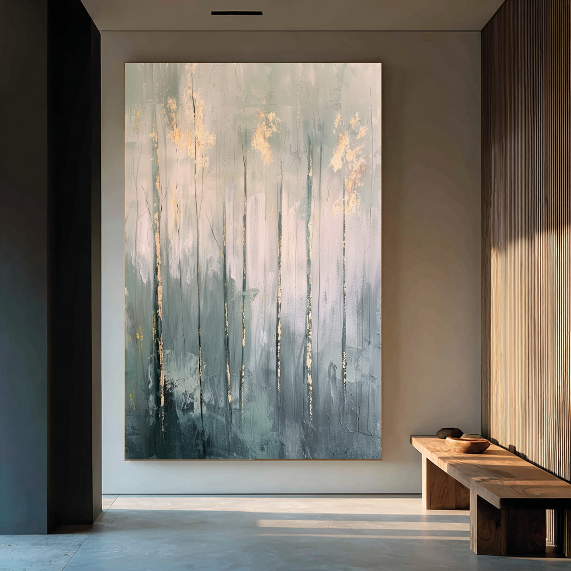 Misty Forest Trees with Gold Leaf Textured Oil Painting #FT212