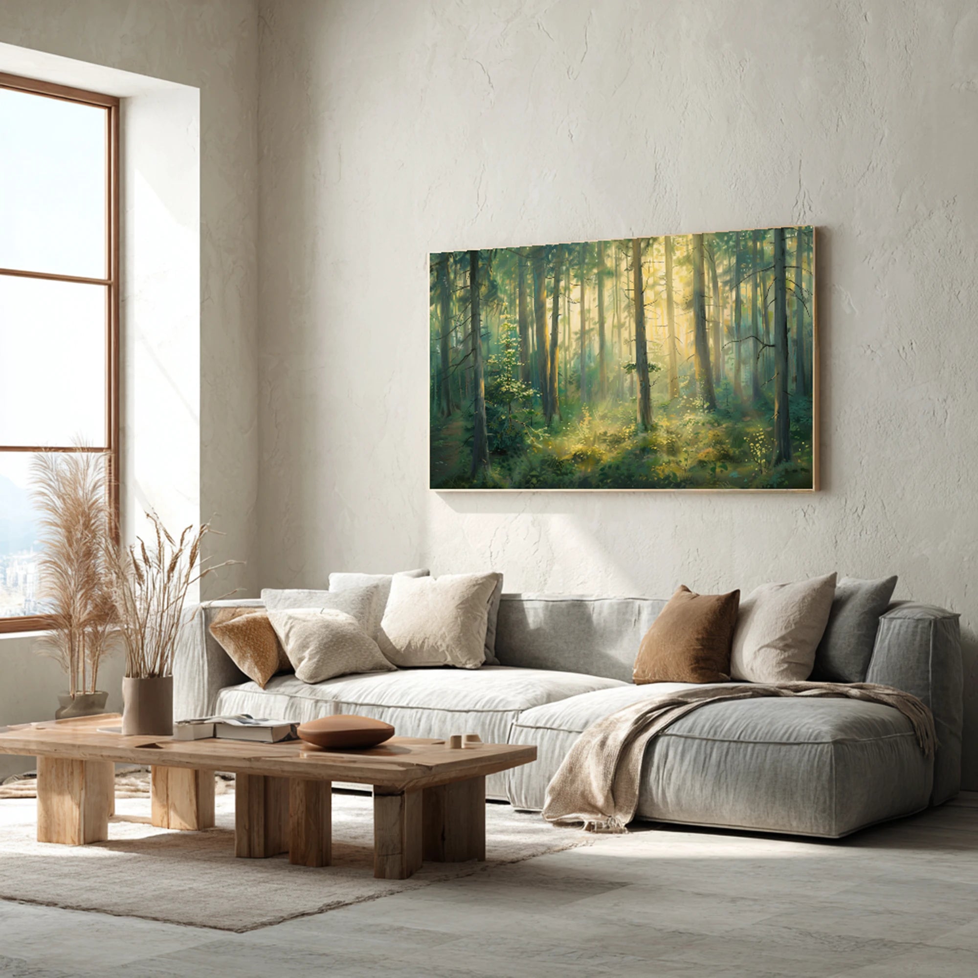 Sunlit Forest Landscape Oil Painting, Green Nature Wall Art #FT593