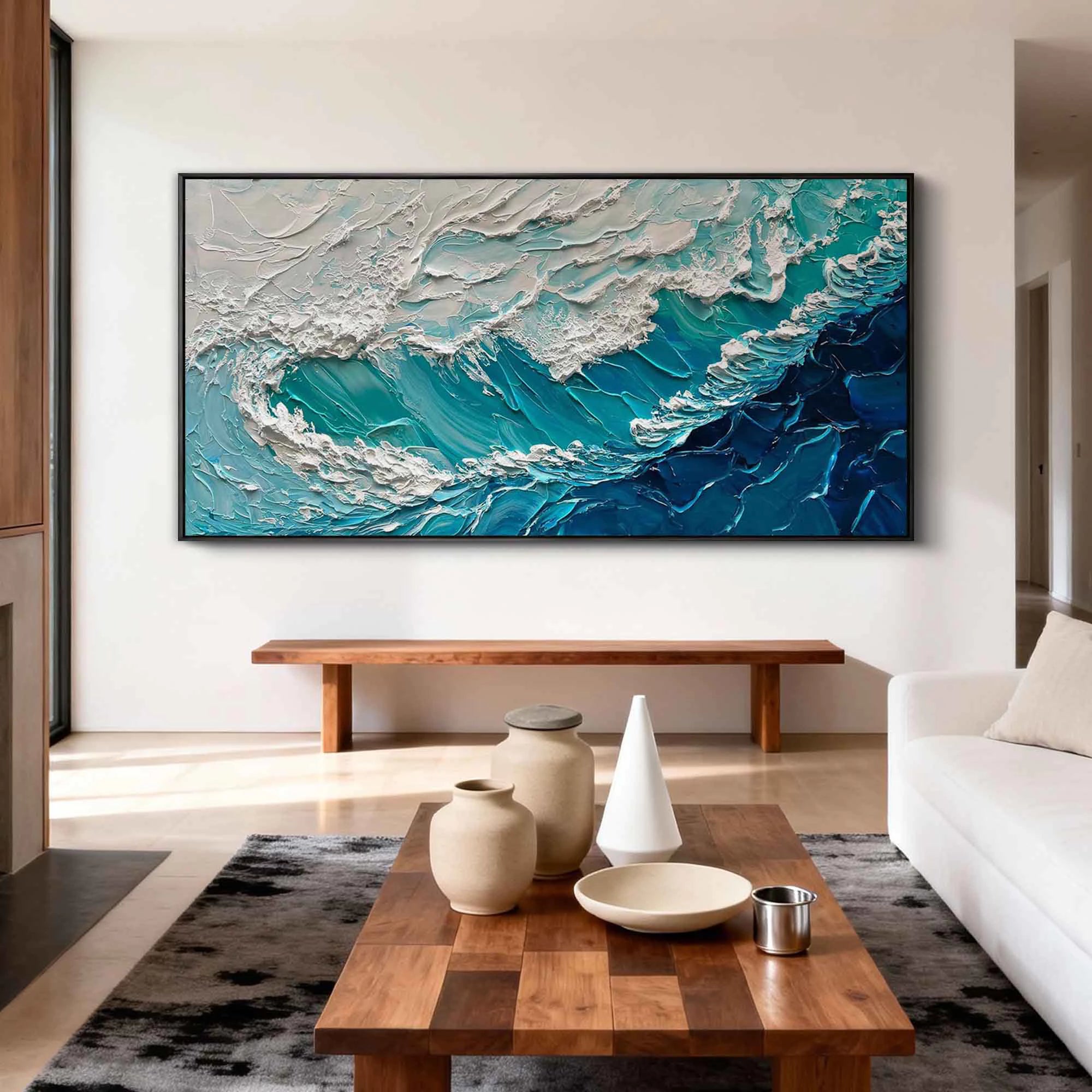 Modern Teal Blue Ocean Wave Texture Painting #SK50