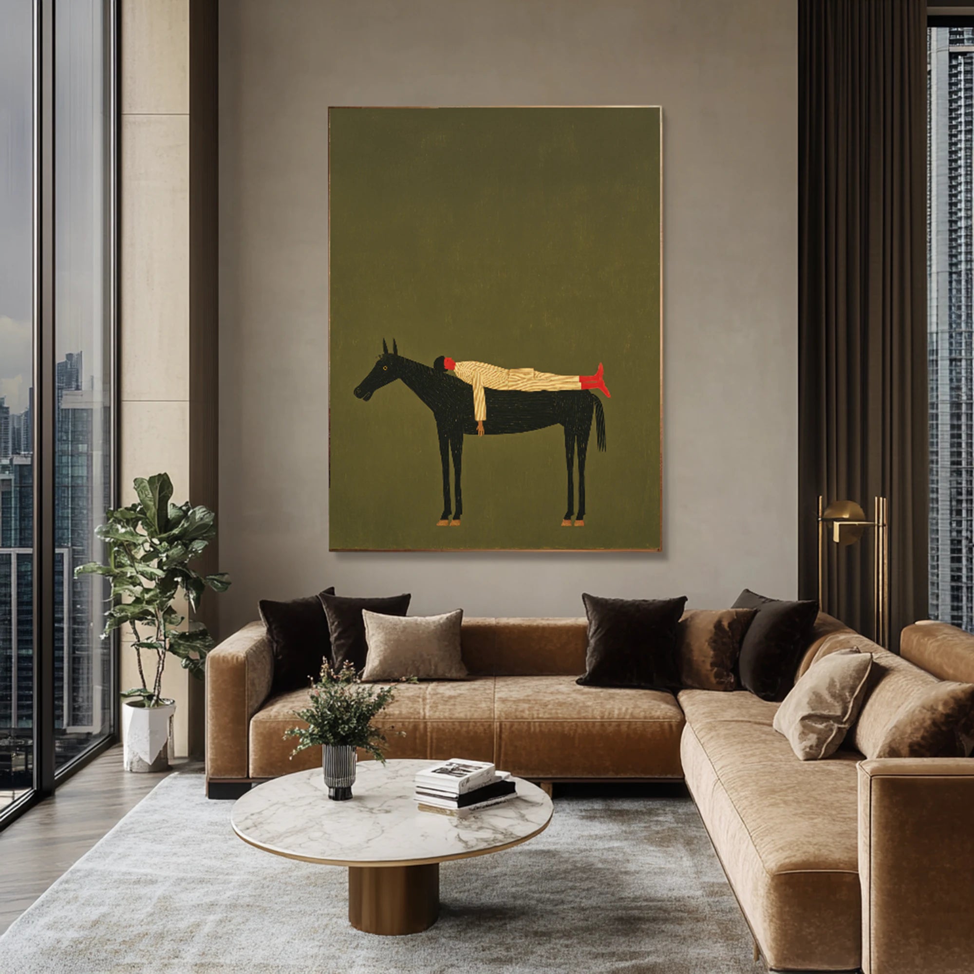Hand-Painted Minimalist Horse and Rider Wall Art, Olive Green Canvas Painting #WA534