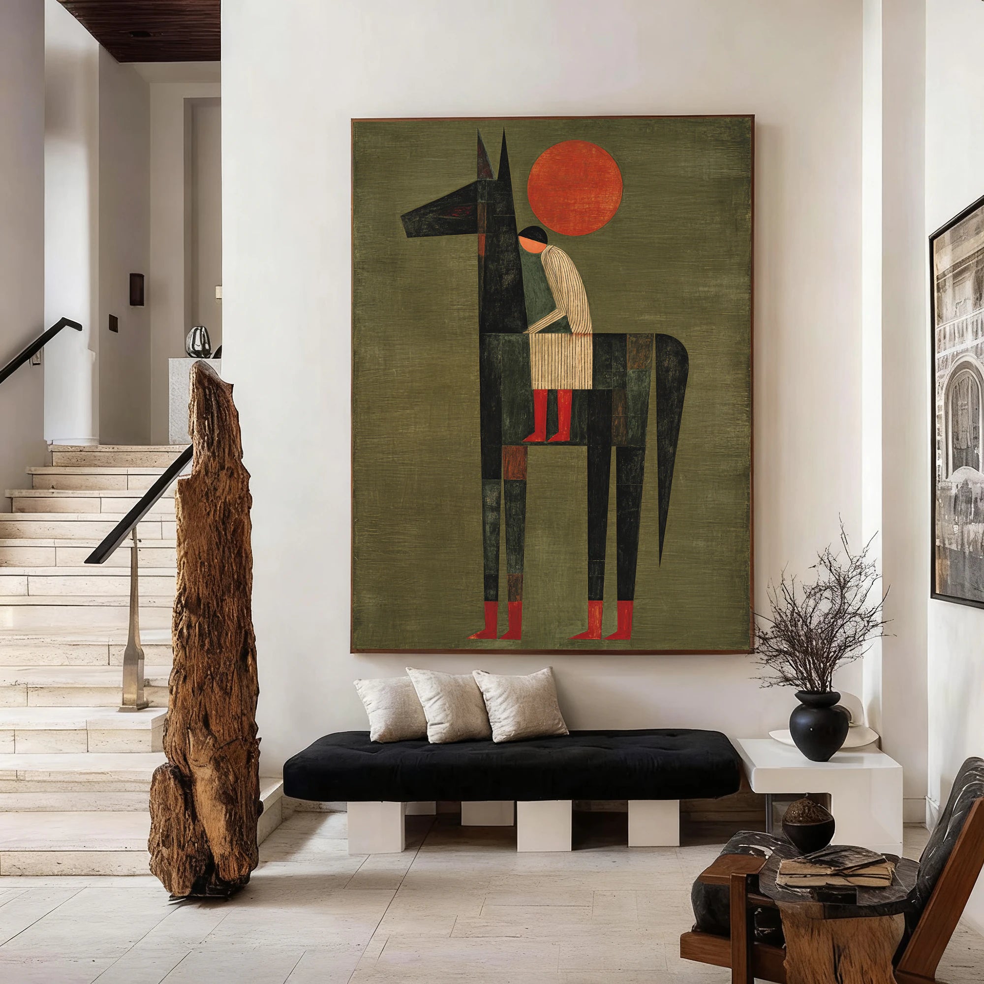 Abstract Horse Rider Oil Painting, Green & Red Wall Art #WA524